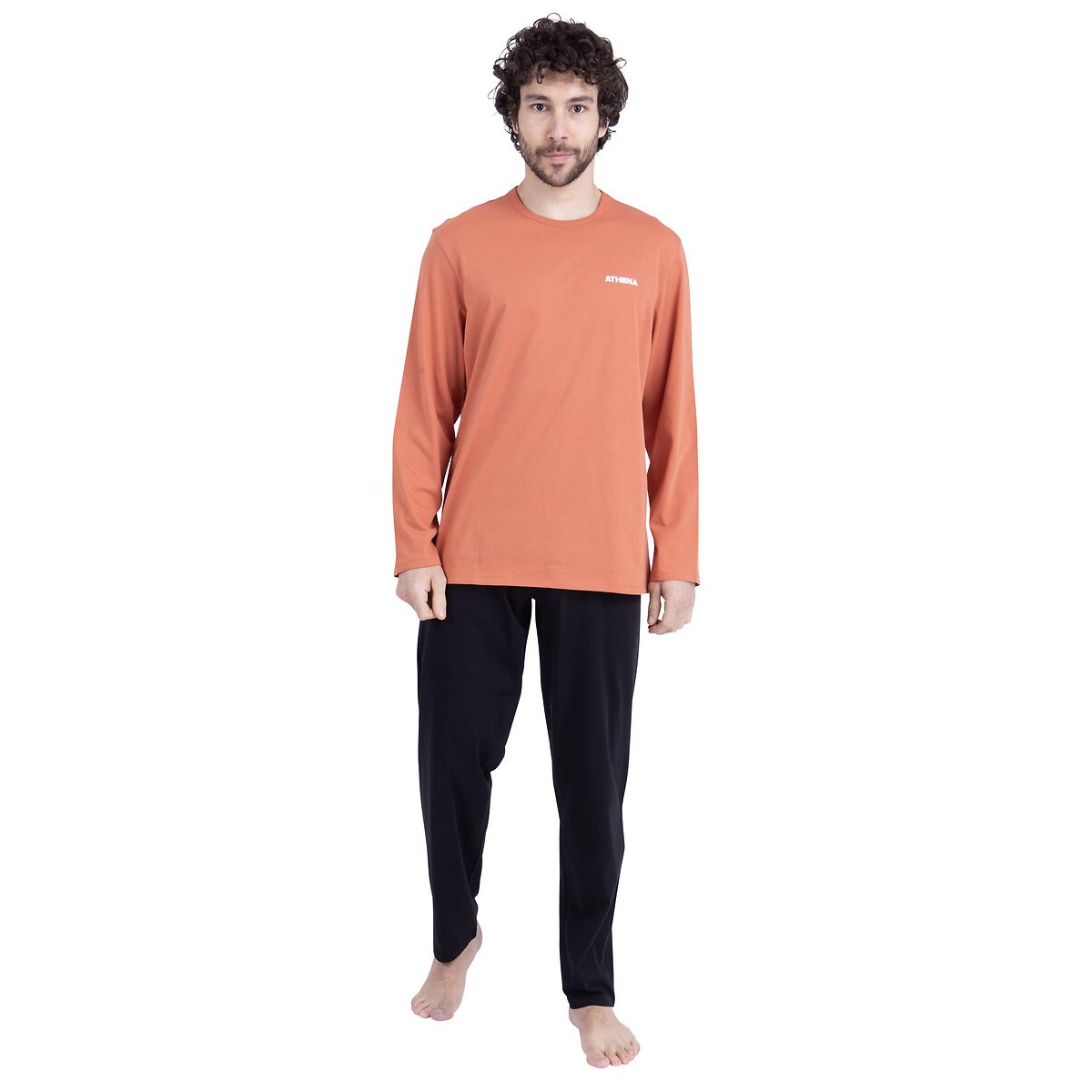 Pigiama lungo in cotone, a maniche lunghe nero/terracotta, ATHENA