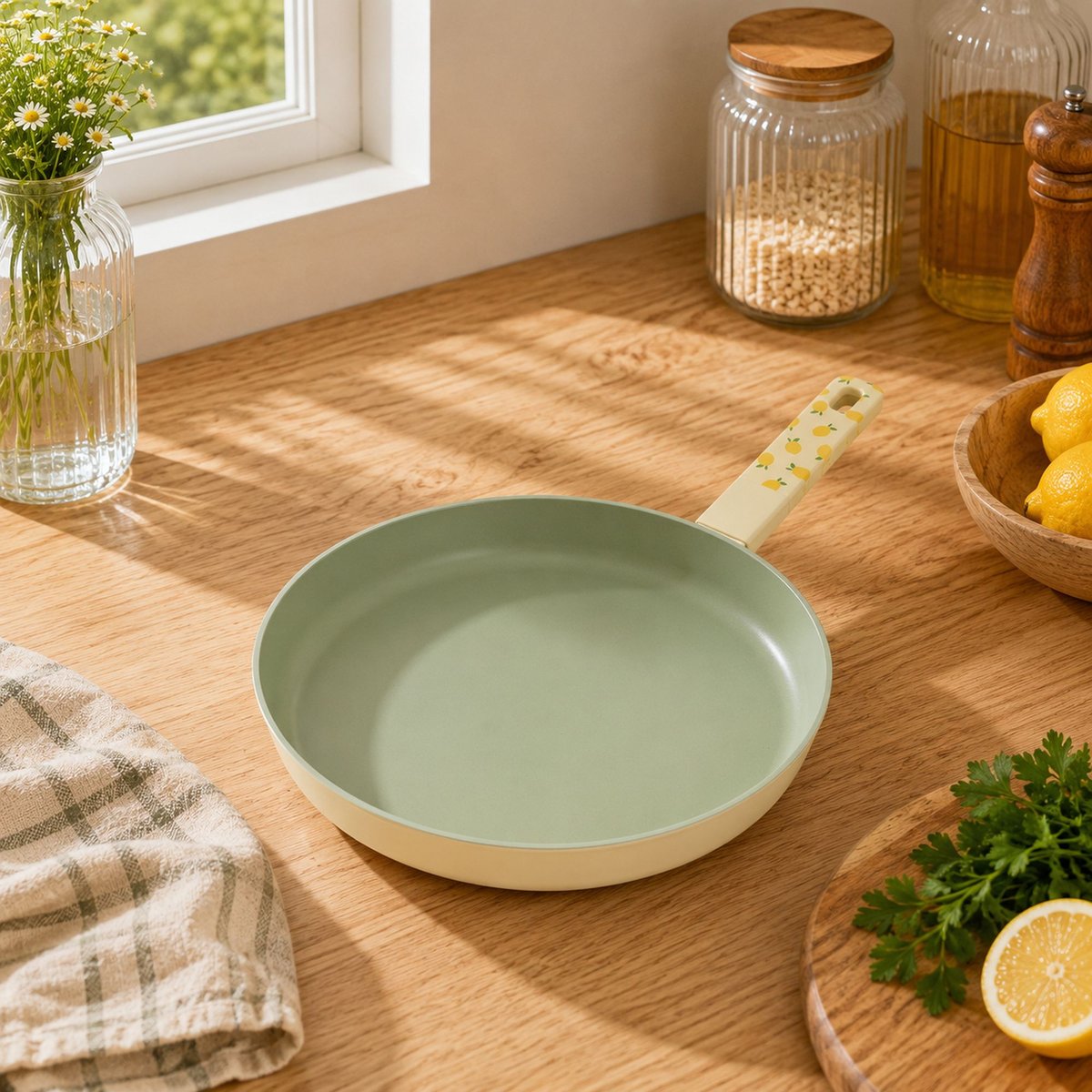 Poêle 28cm en aluminium, CITRON beige-vert, MENASTYL