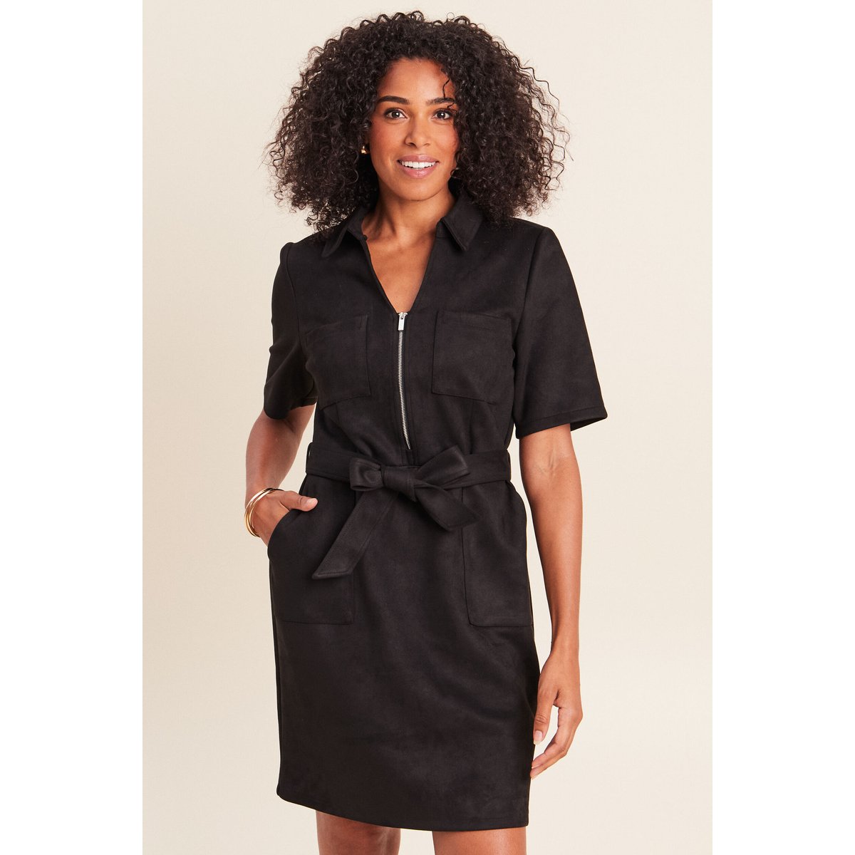 Robe droite courte manches coudes daim noir, BREAL