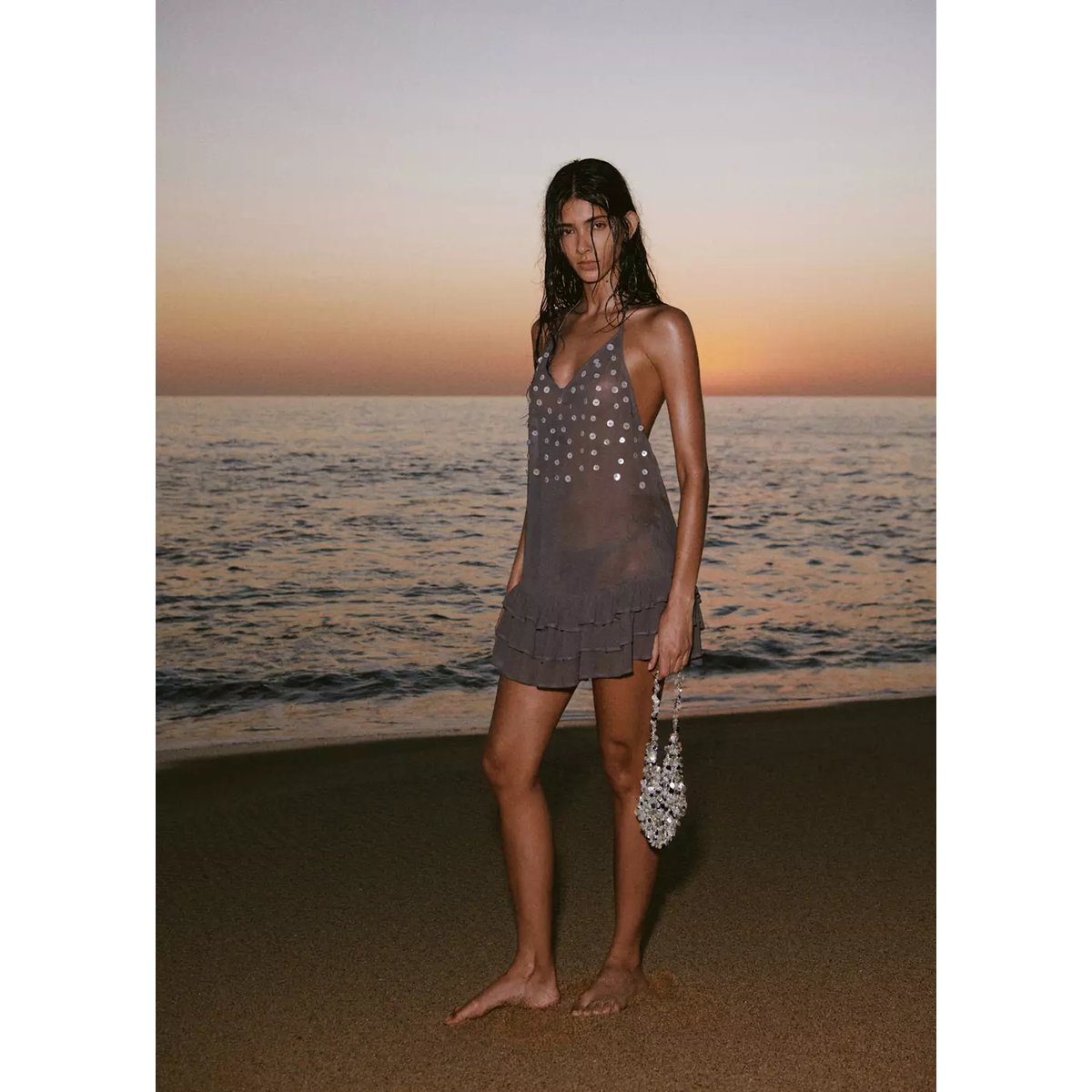 Robe à volantes et boutons gris chiné moyen, MANGO