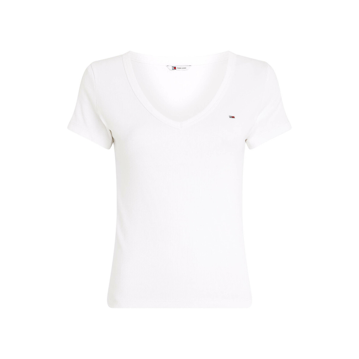Embroidered Logo Cotton T-Shirt with V-Neck white, TOMMY JEANS
