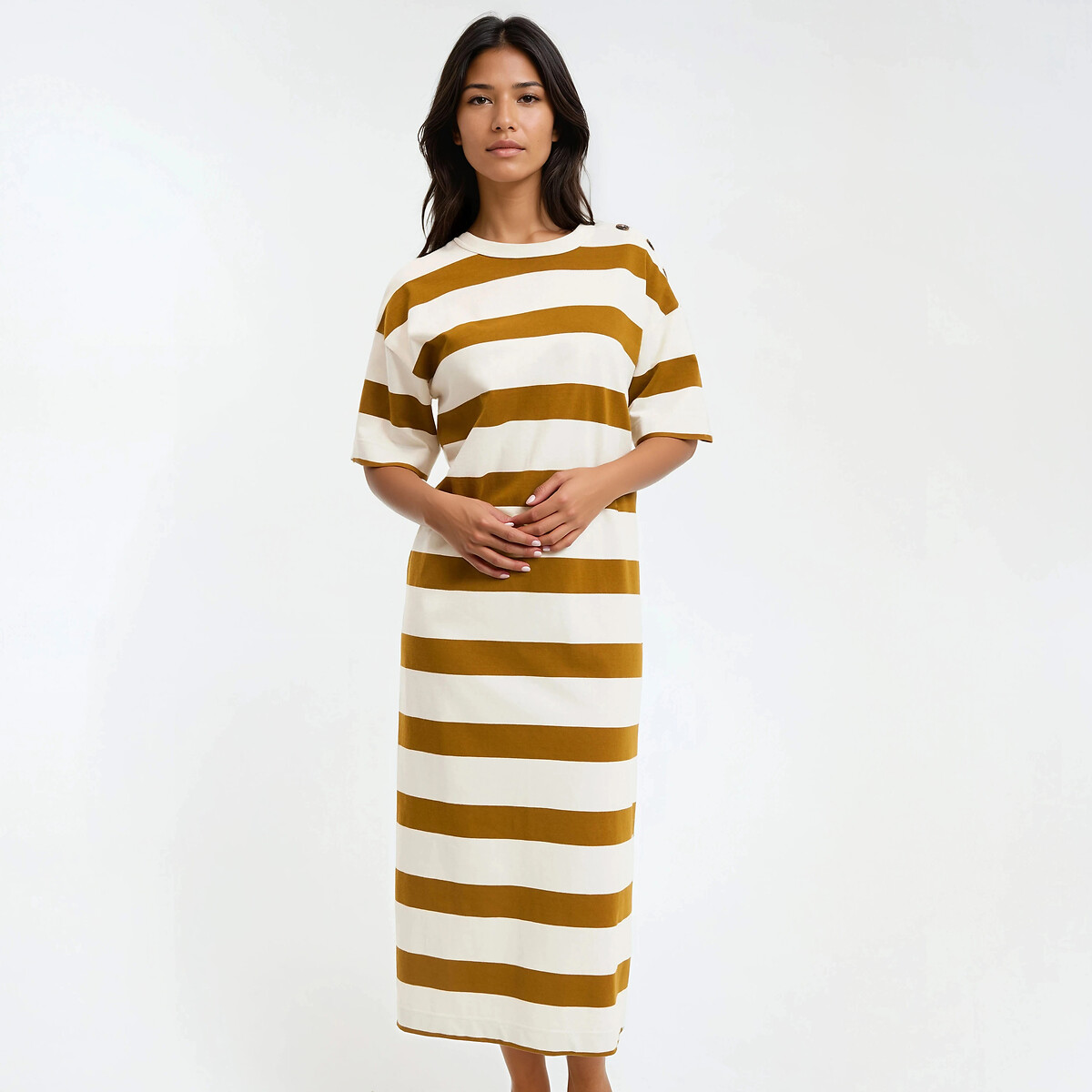 Robe longue rayée boutons épaules, manches courtes ecru rayé marron, LA REDOUTE COLLECTIONS