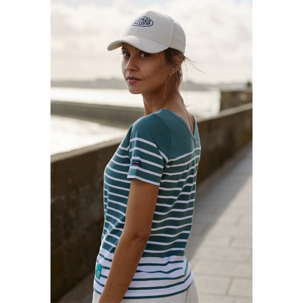 Marinière dos V - coton léger silver pine / blanc, ARMOR-LUX
