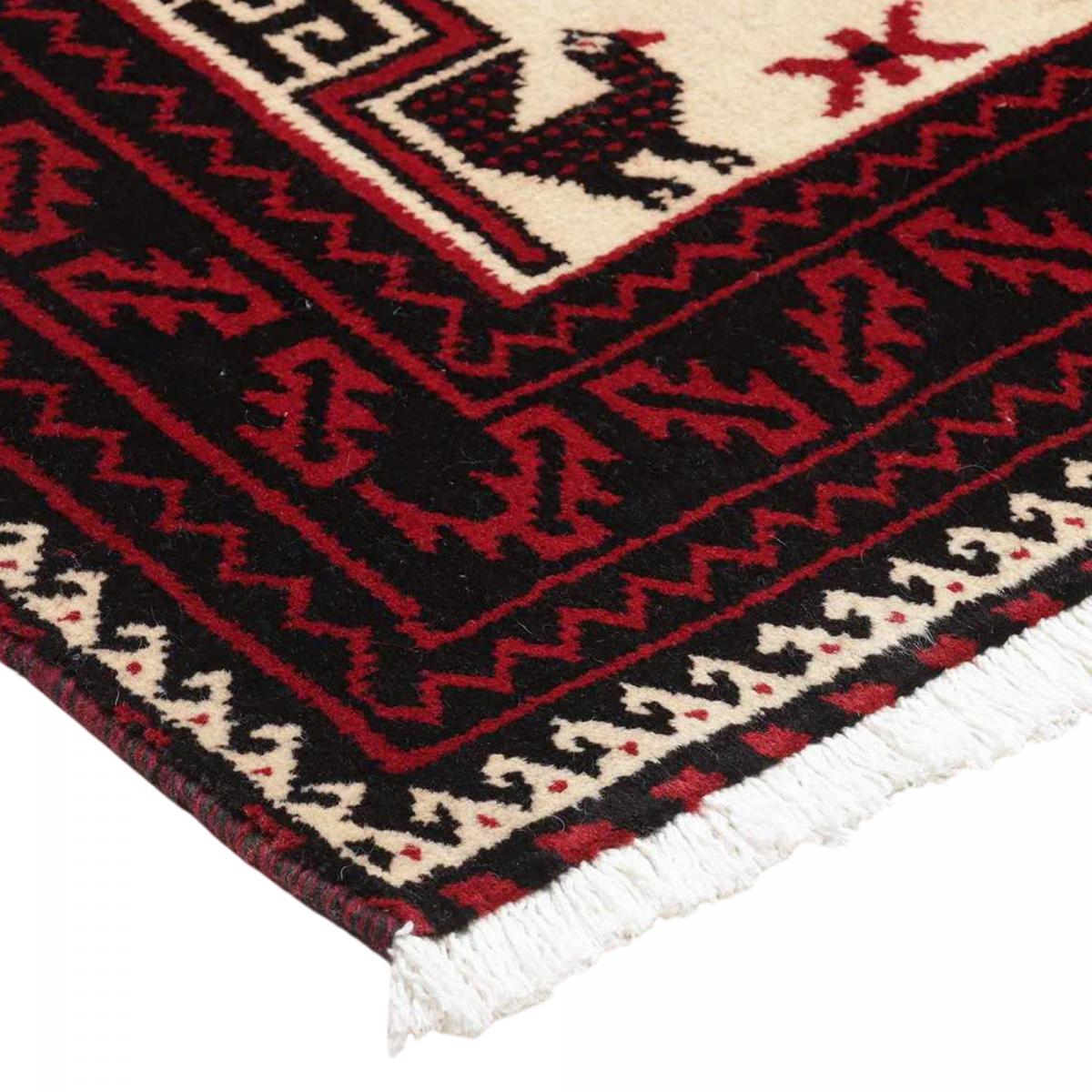 Tapis salon au motif géométrique, noué main en laine, BALUTSCH 7 rouge, crème, noir, UN AMOUR DE TAPIS