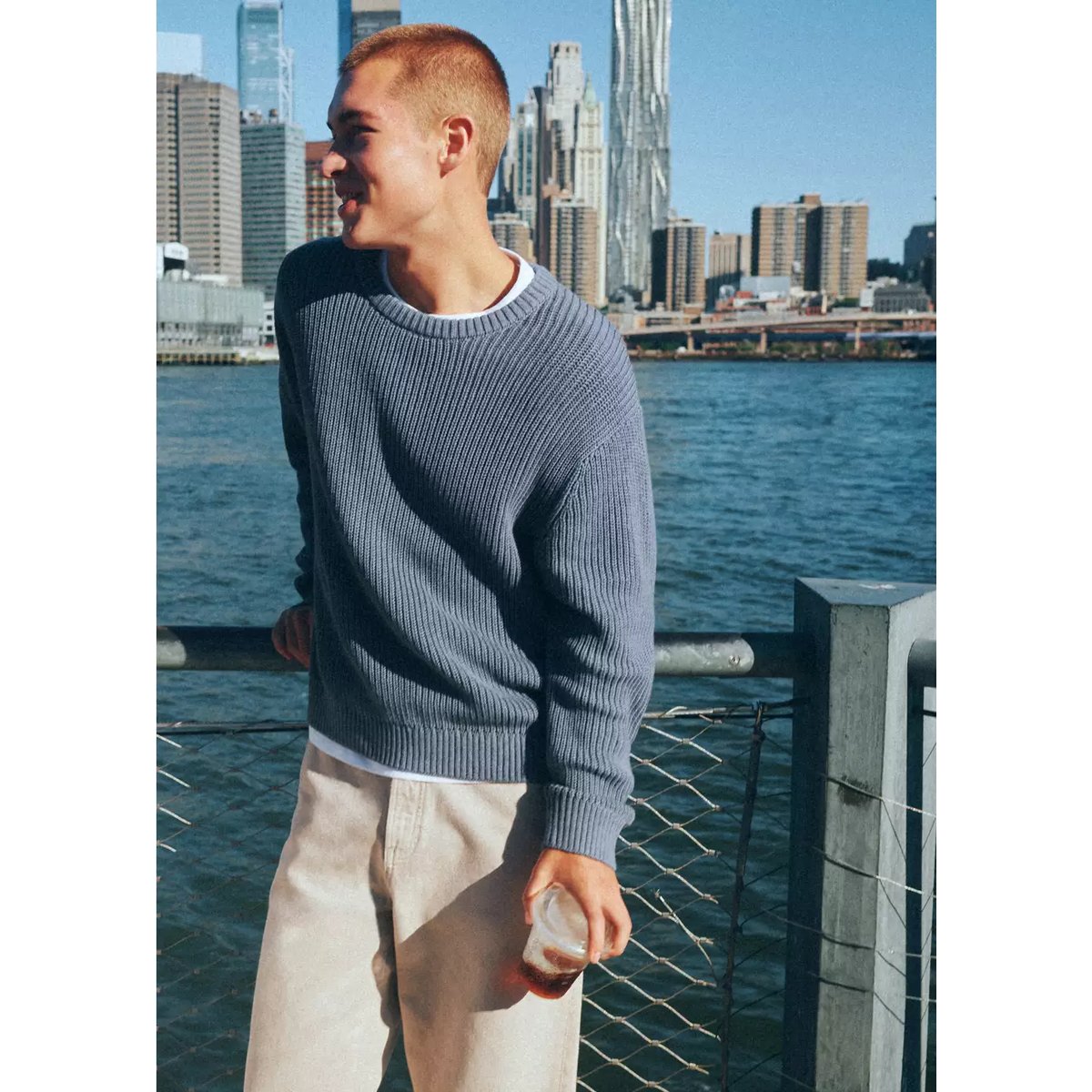 Pull-over maille côtelée bleu, MANGO TEEN