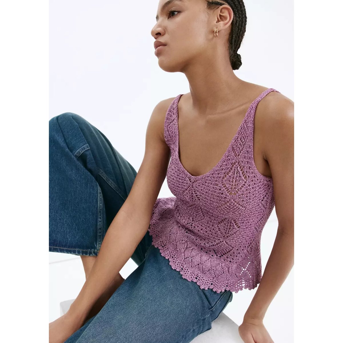 Top en crochet fil textile à volant festonné pourpre, MANGO