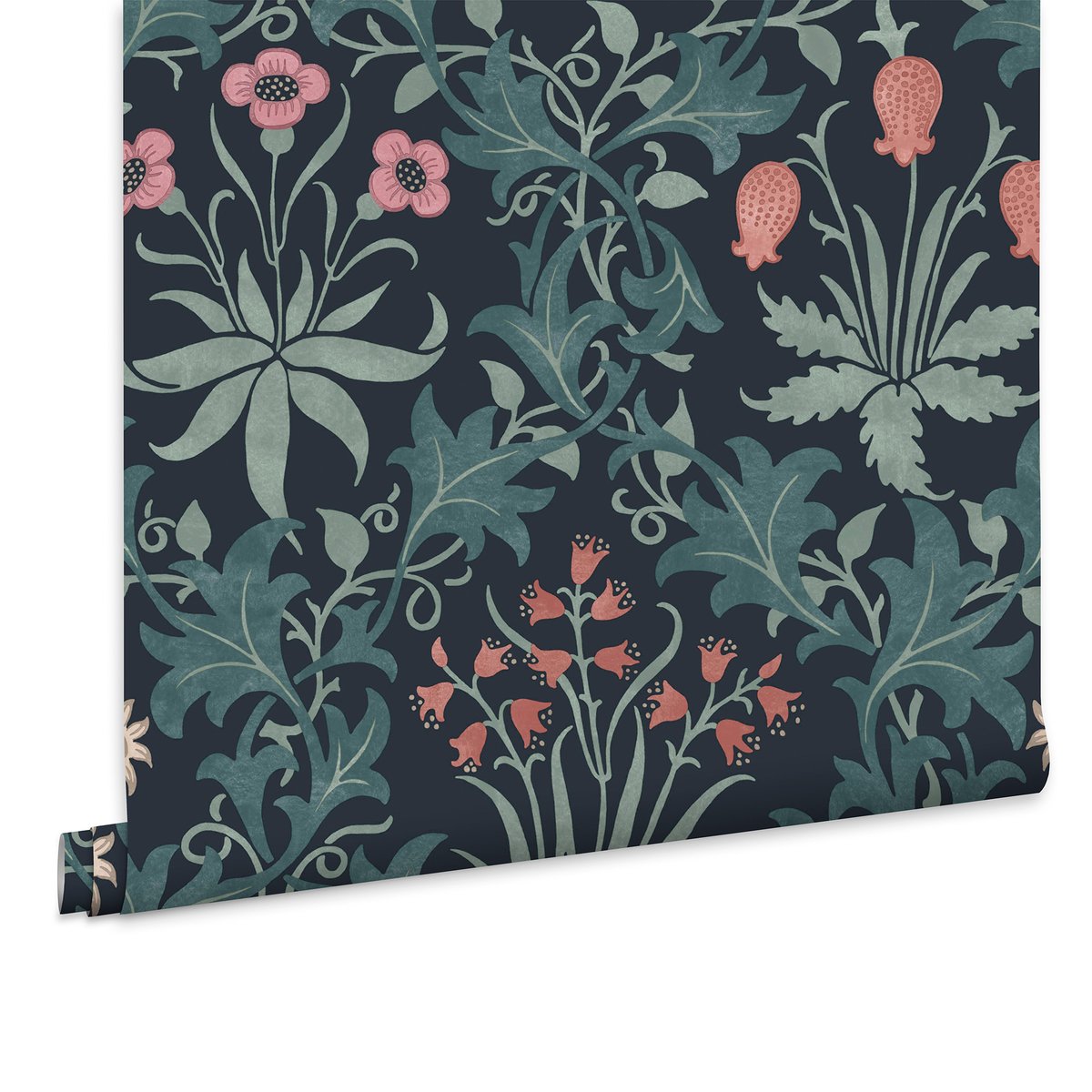 Papier peint fleuri Celandine Midnight bleu, vert, corail, WILLIAM MORRIS AT HOME