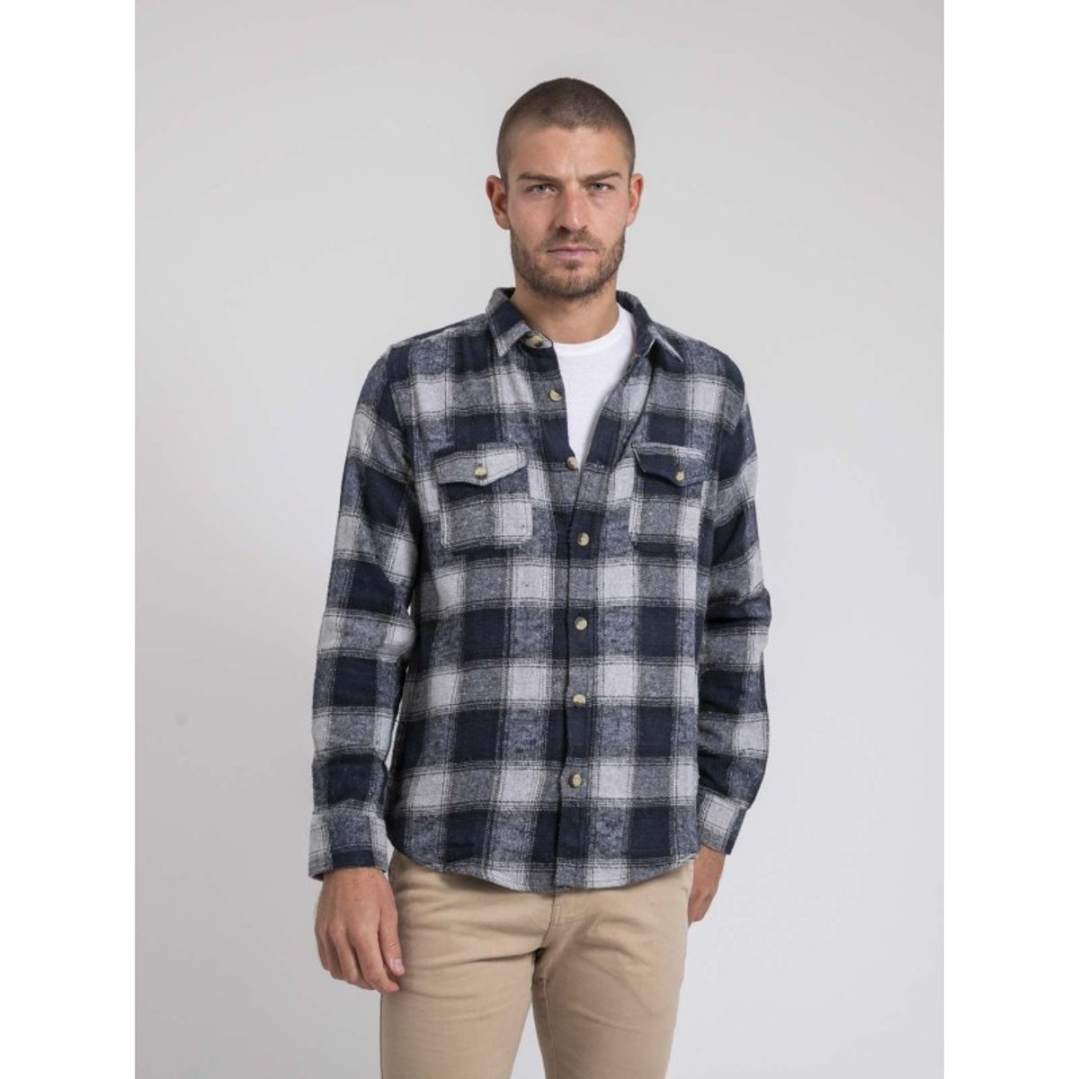 Chemise Manches Longues Carreaux Pur Coton Flanelle Telorok bleu marine, RITCHIE