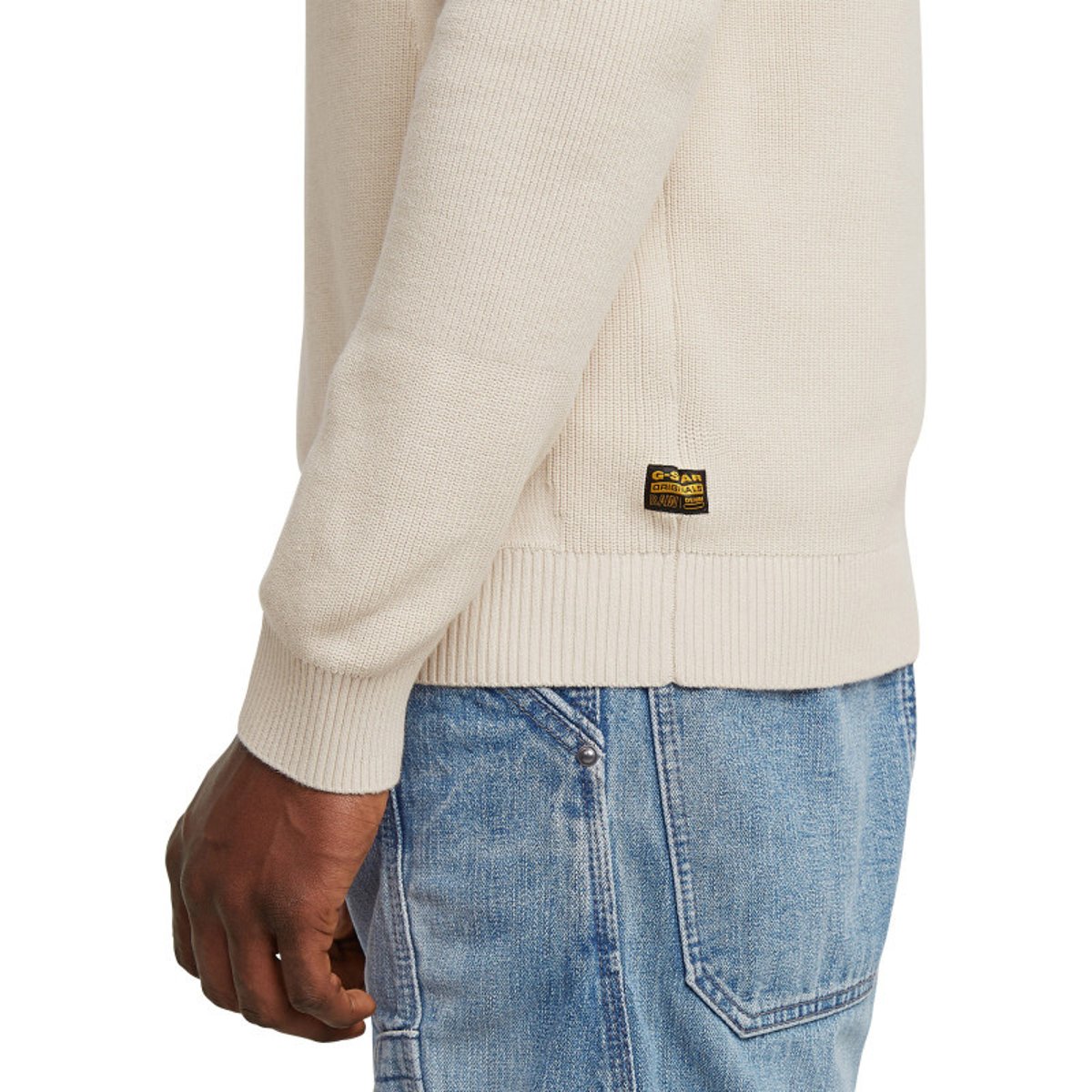 Pull en coton vert uni avec un col rond et un patch d'authenticité blanc, G-Star RAW