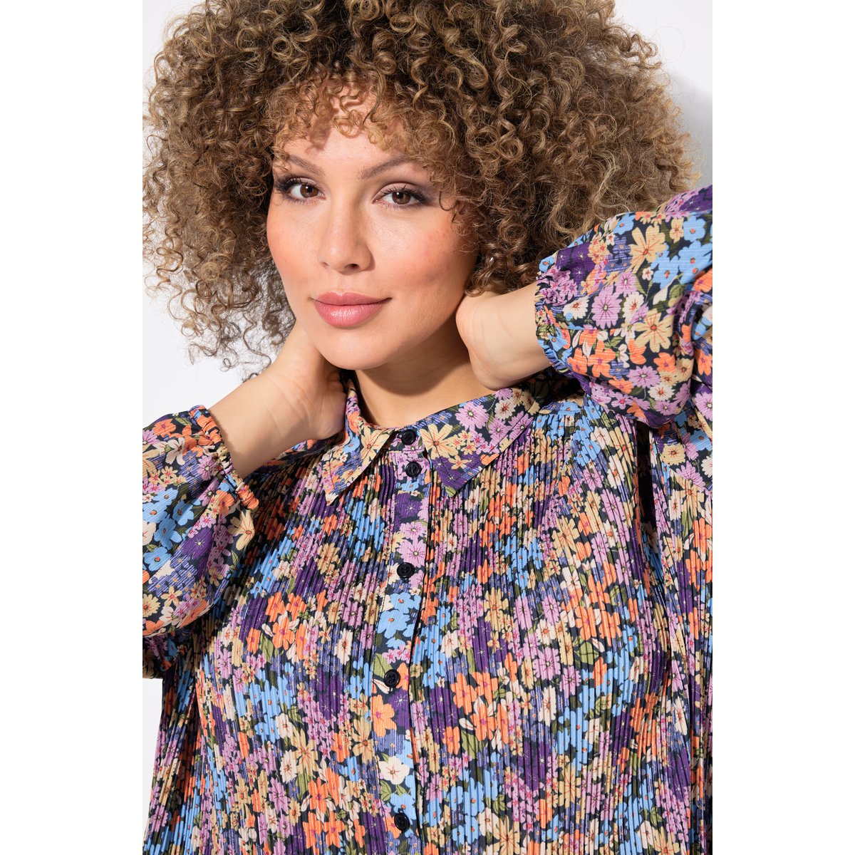 Chemisier plissé à fleurs, coupe évasée orange vif, ULLA POPKEN