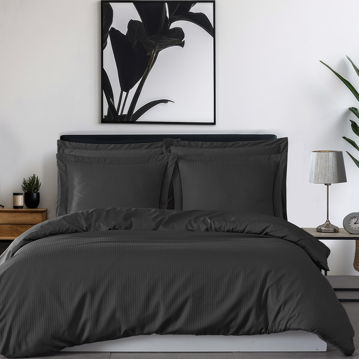 Parure housse de couette rayée satin + 2 taies 65x65 cm VERSALUXE anthracite, SENSEI MAISON
