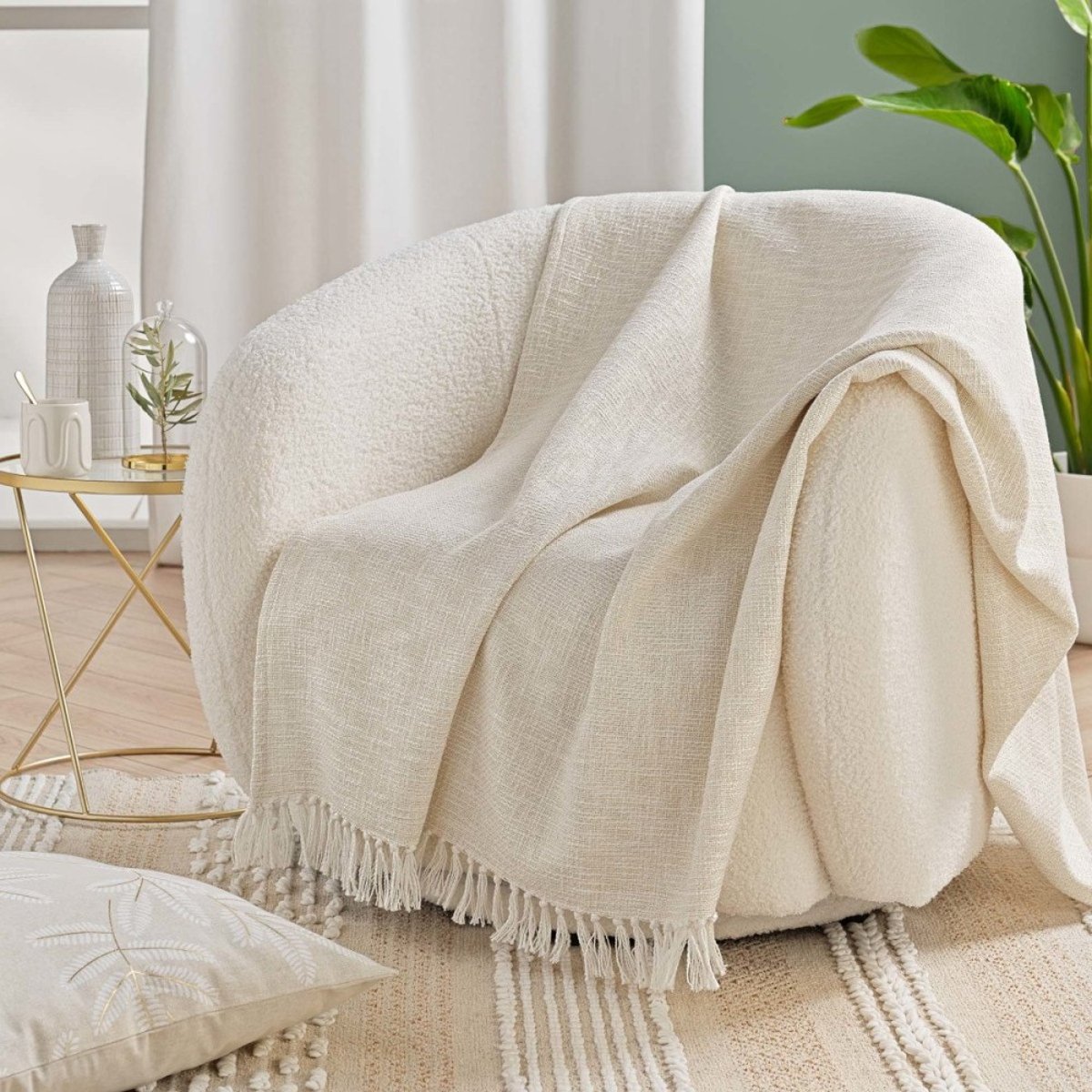 Plaid à Franges 125x150 Finition Fil Métal Doré beige, DECORATIE