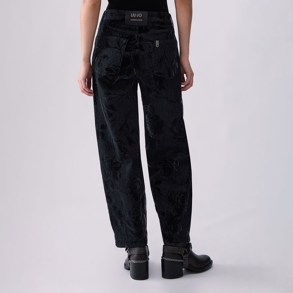 Pantalon ballon avec imprimé floqué denim noir, LIU JO