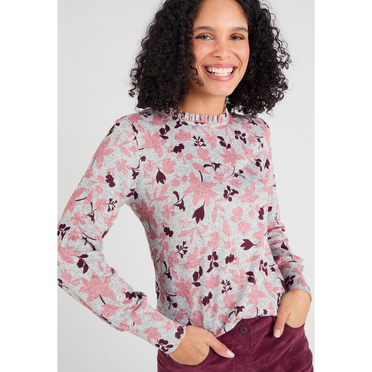 T-shirt col volanté maille chaude Thermolactyl rose feuillage, DAMART