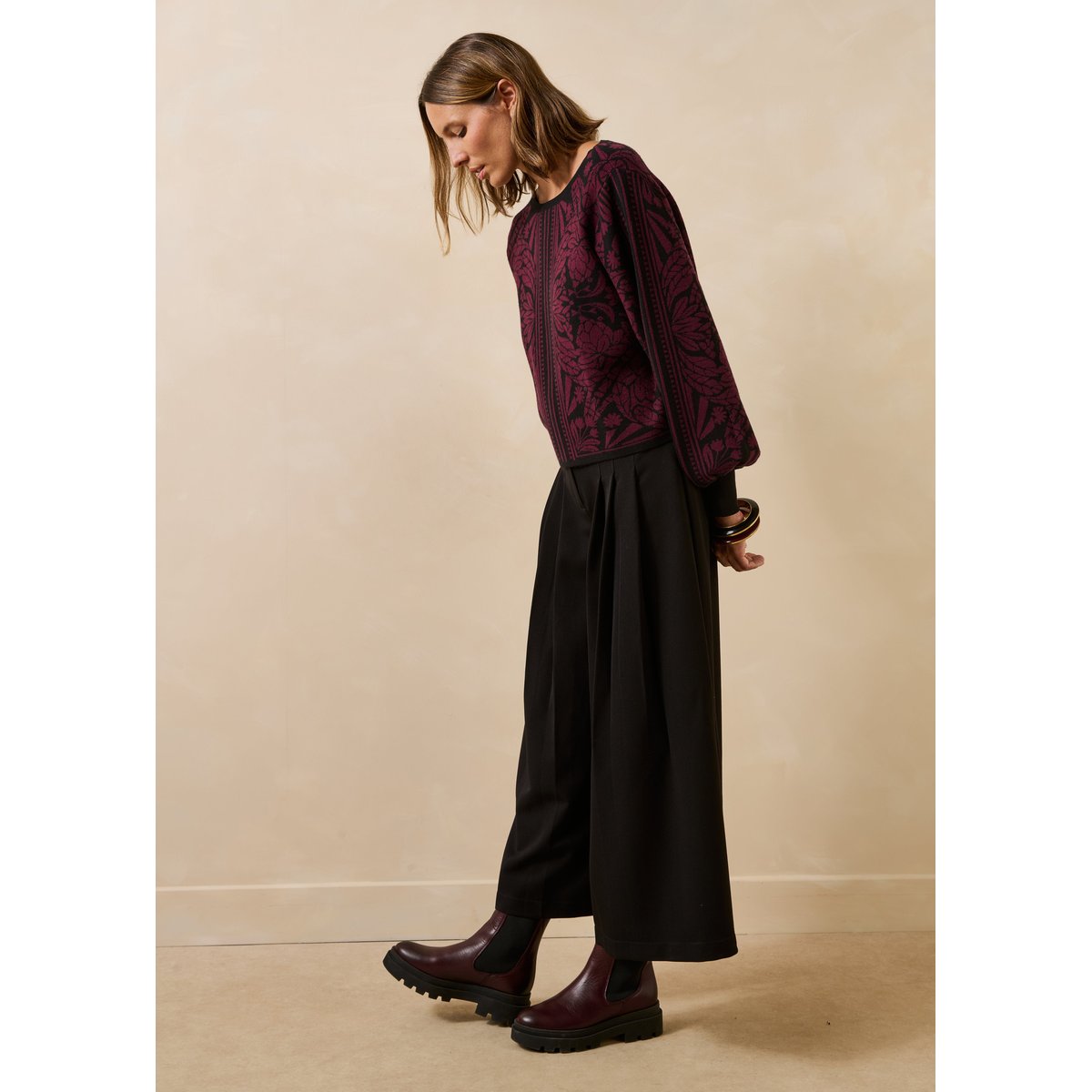 Pull en maille jacquard bicolore noir/aubergine, LA FEE MARABOUTEE