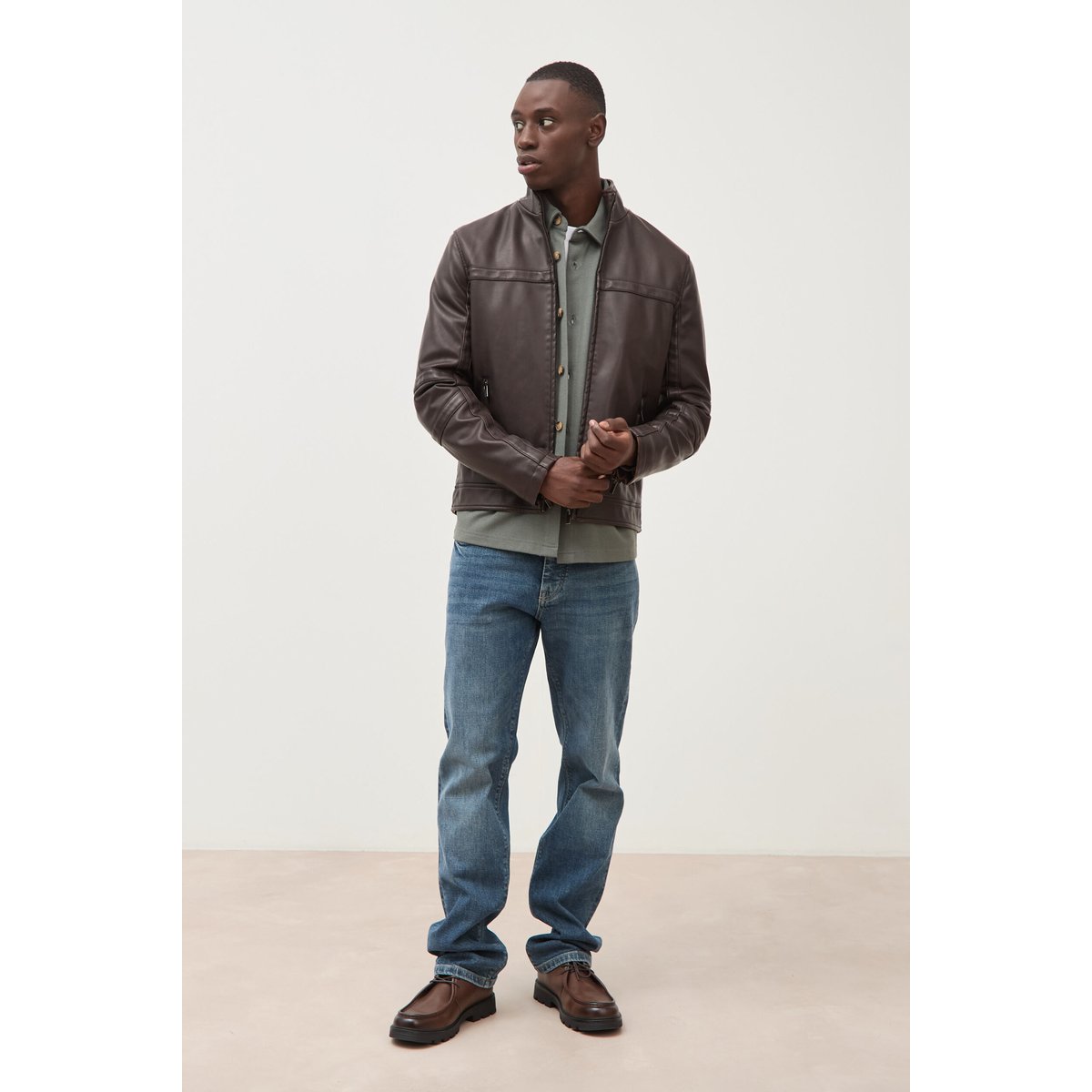 Blouson cintré similicuir col montant marron foncé, BONOBO