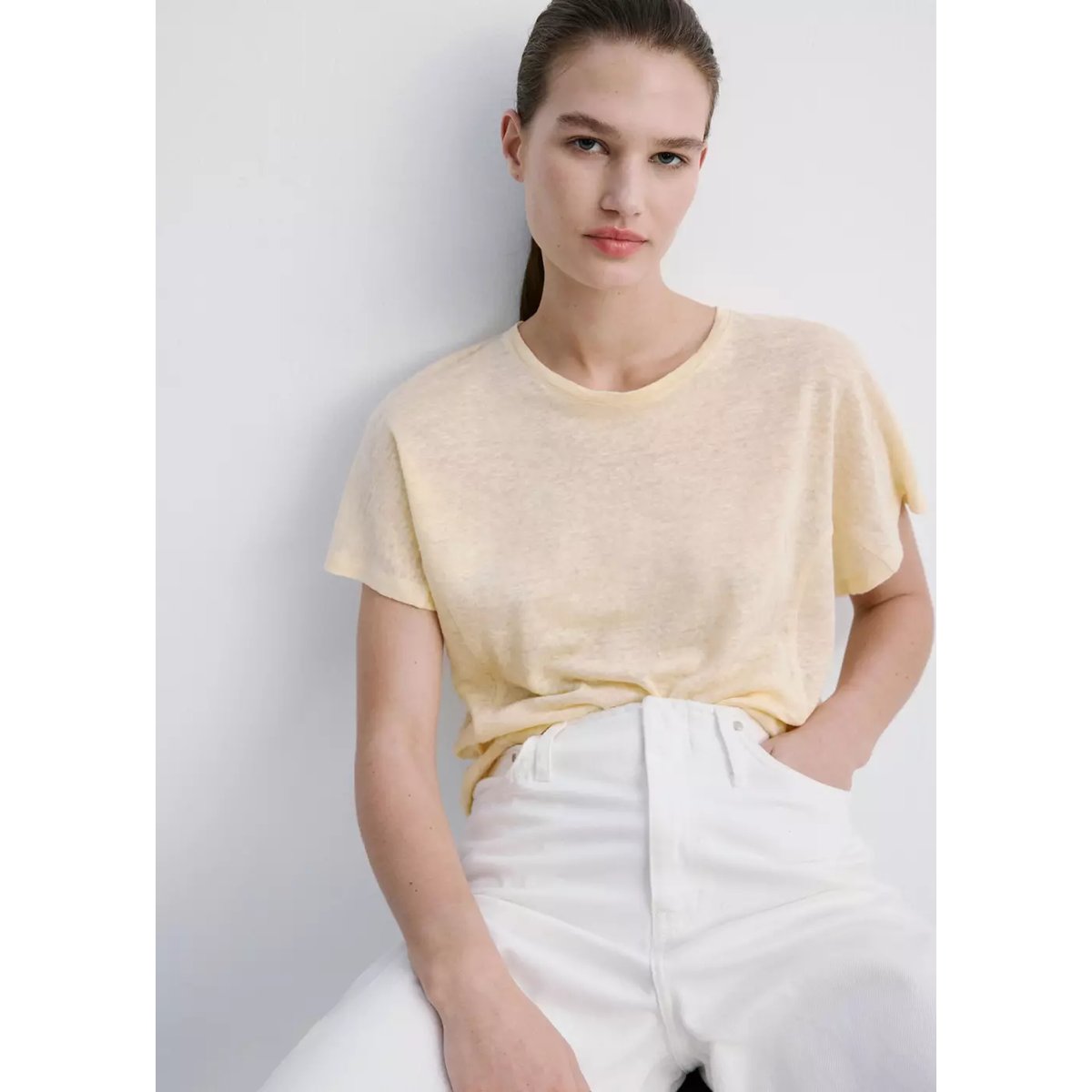 T-shirt lin manches courtes vanille, MANGO