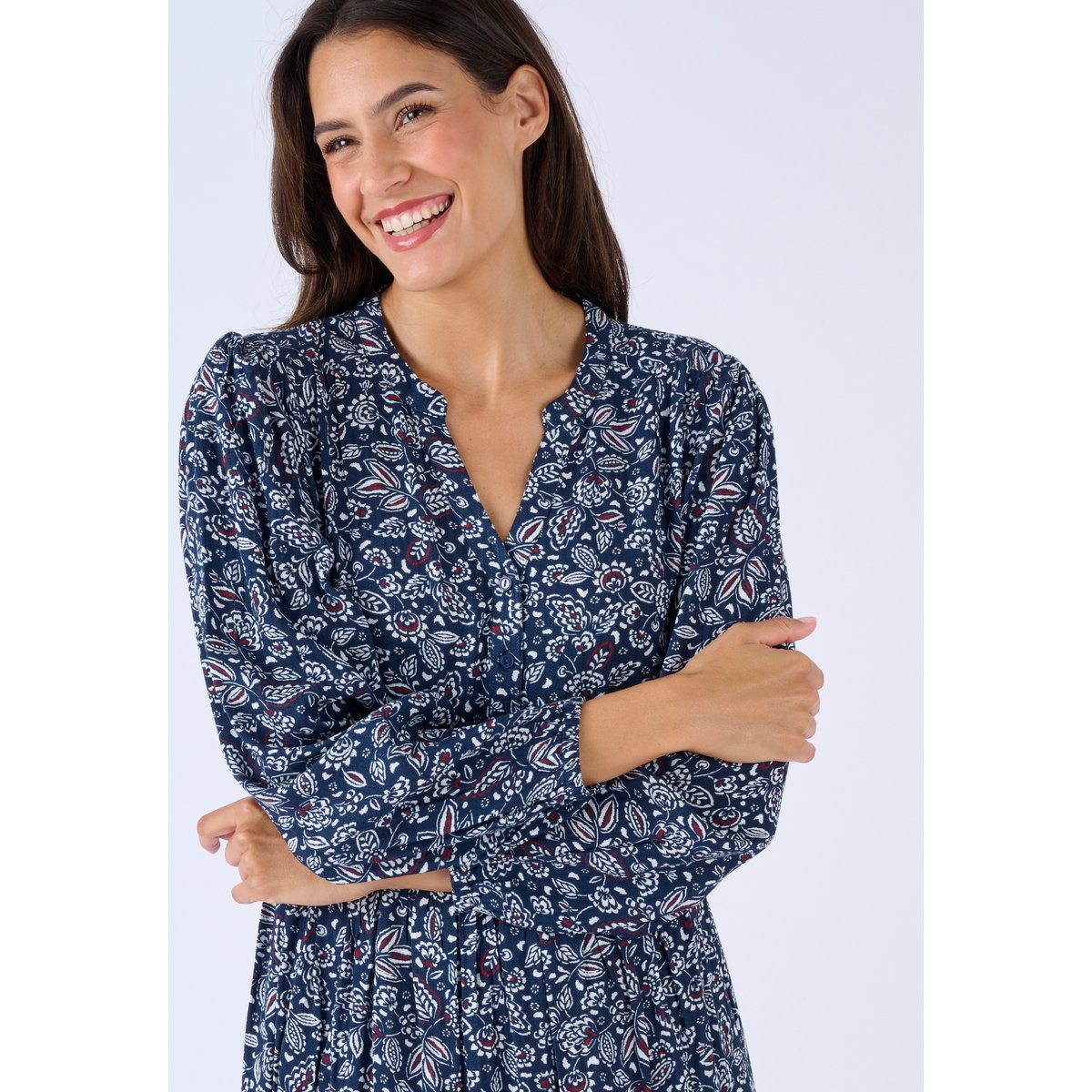 Robe longue pure viscose reliéfée bleu marine fleuri, DAMART