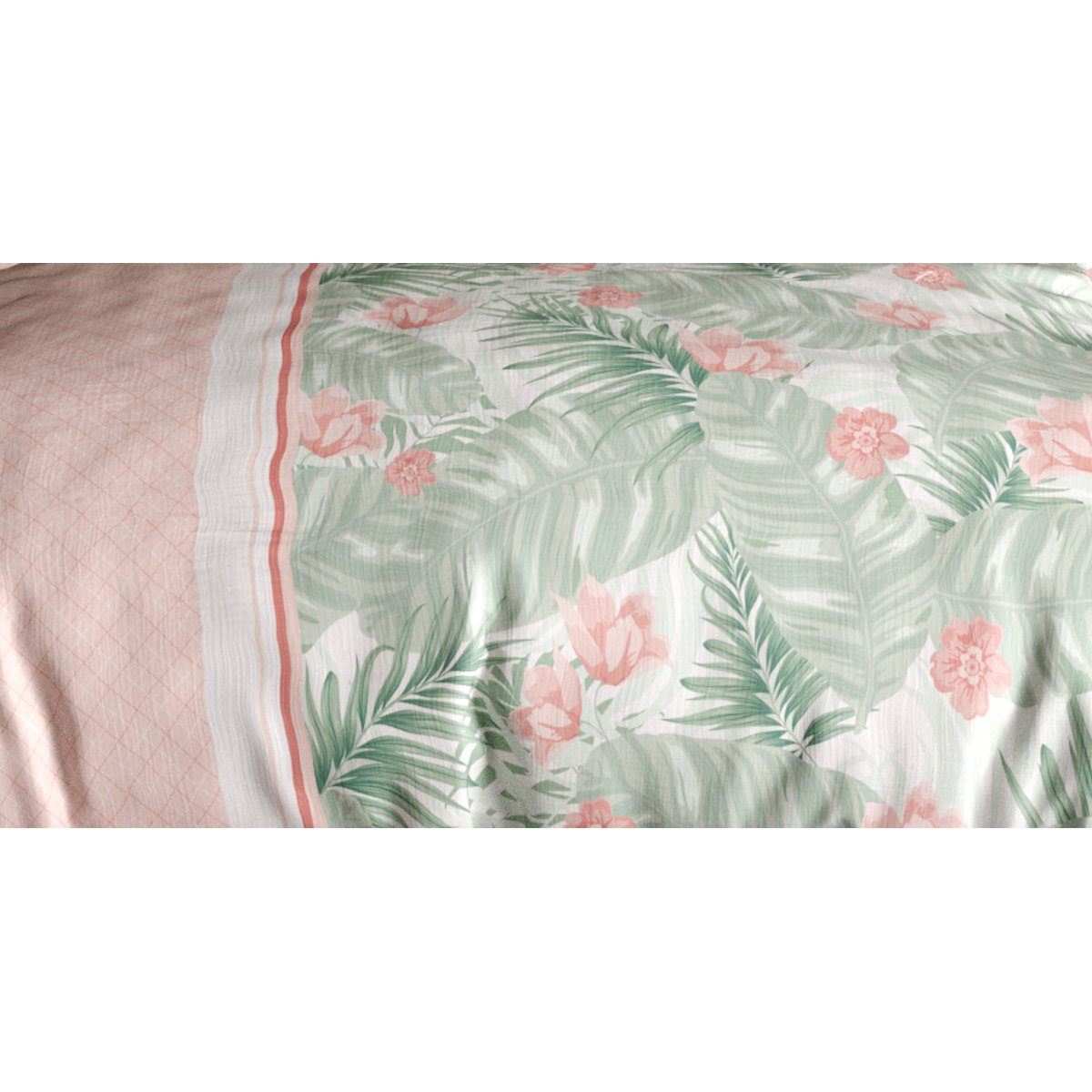 Parure de draps plat en coton imprimée, Bora rose clair, ATELIER DU COTON