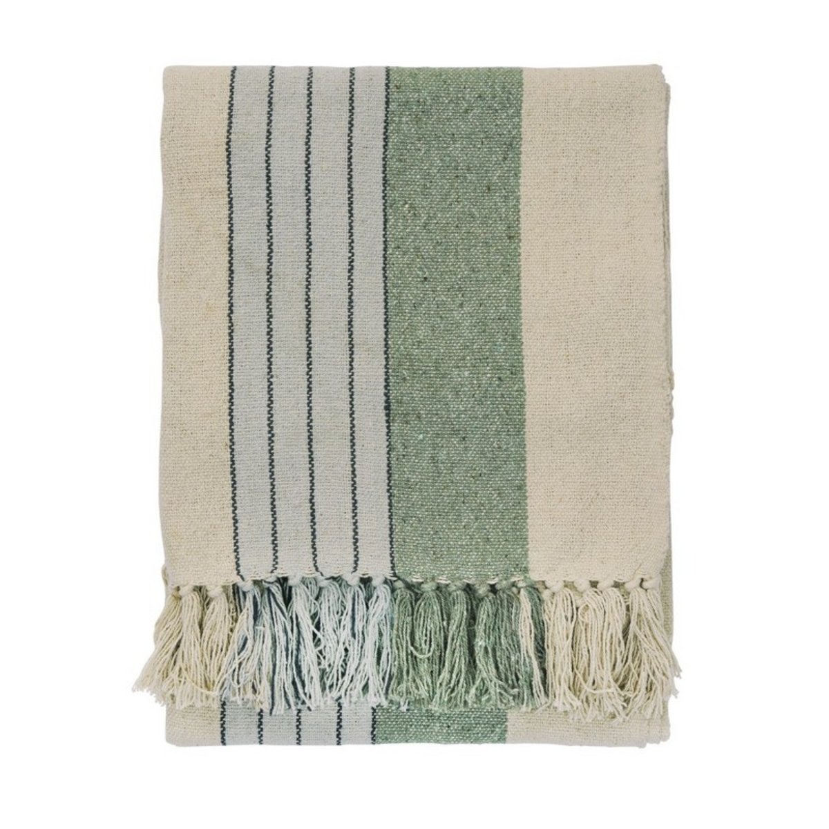 Plaid coton recyclé rayures franges vert, MADAM STOLTZ