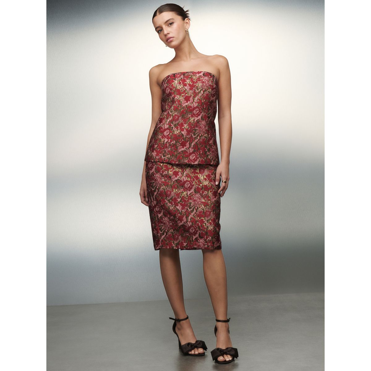 Haut bandeau long en jacquard métallisé floral rose/rouge, NEXT