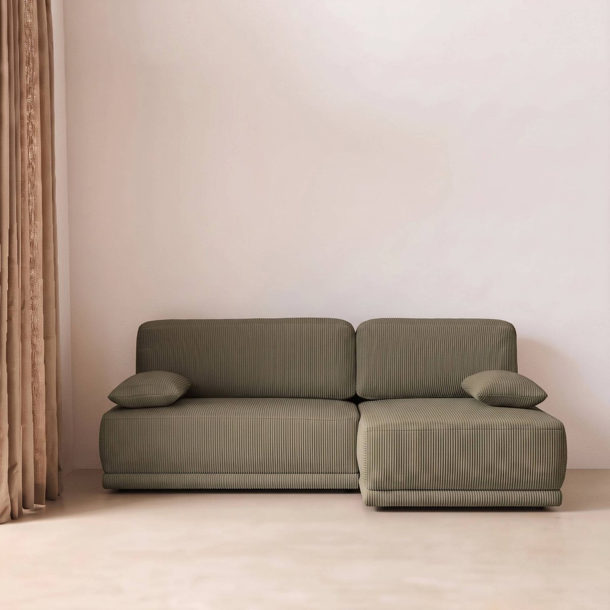 Banquette canapé d'angle droit convertible 3 places velours côtelé avec coffre NELSON taupe, SWEEEK