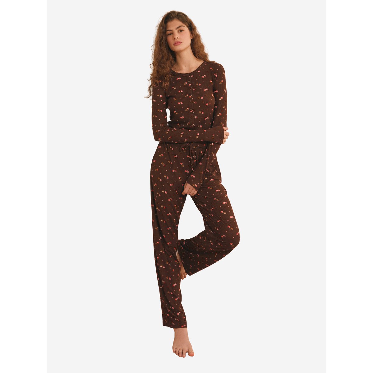 Pantalon de pyjama côtelé à imprimé feuillage HELIA marron, ETAM