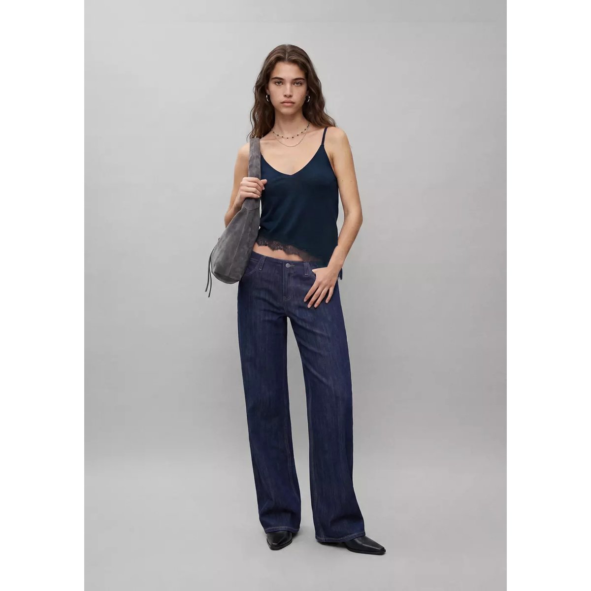 Top en maille bretelles en dentelle bleu marine, MANGO TEEN