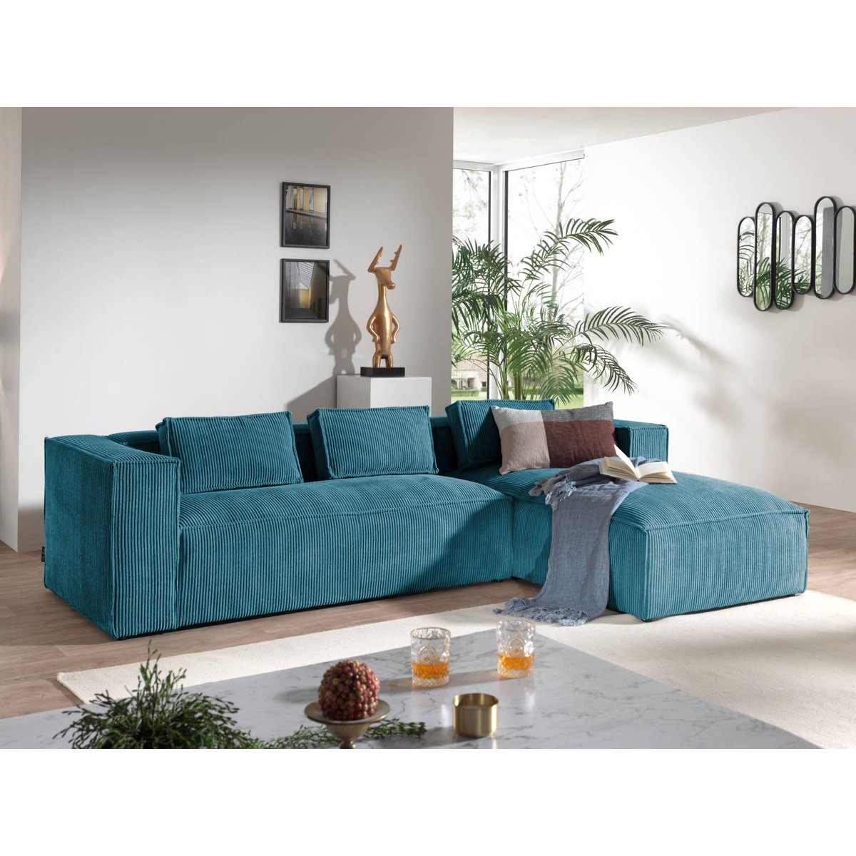 Canapé d'Angle droit 4 places - STELLA bleu canard, BEST MOBILIER