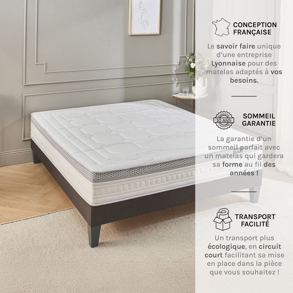 Matelas Hybride 28 cm CONCORDE II - 90x190 cm blanc, BELLECOUR