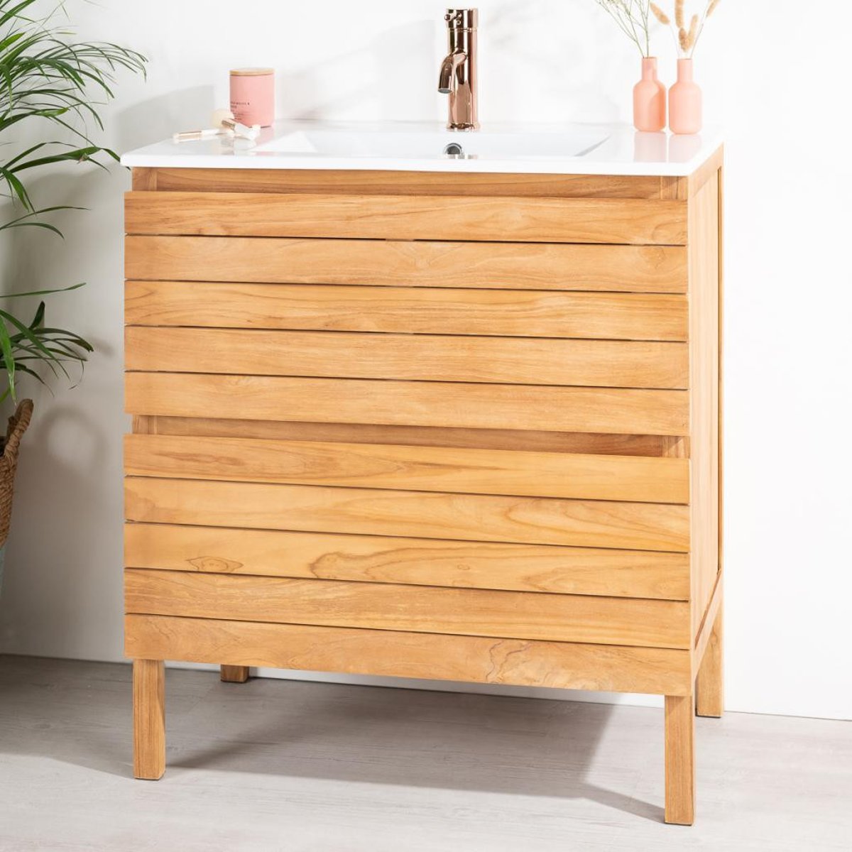 Meuble salle de bain en teck et céramique 80 cm TONI crème, WANDA COLLECTION