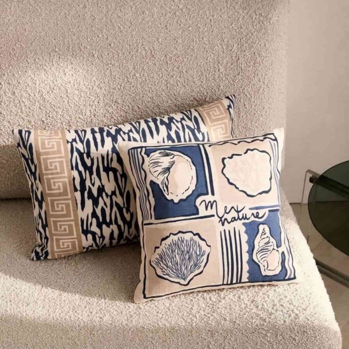Coussin en coton flammé imprimé bord de mer 30x50cm bleu, ORNAMI