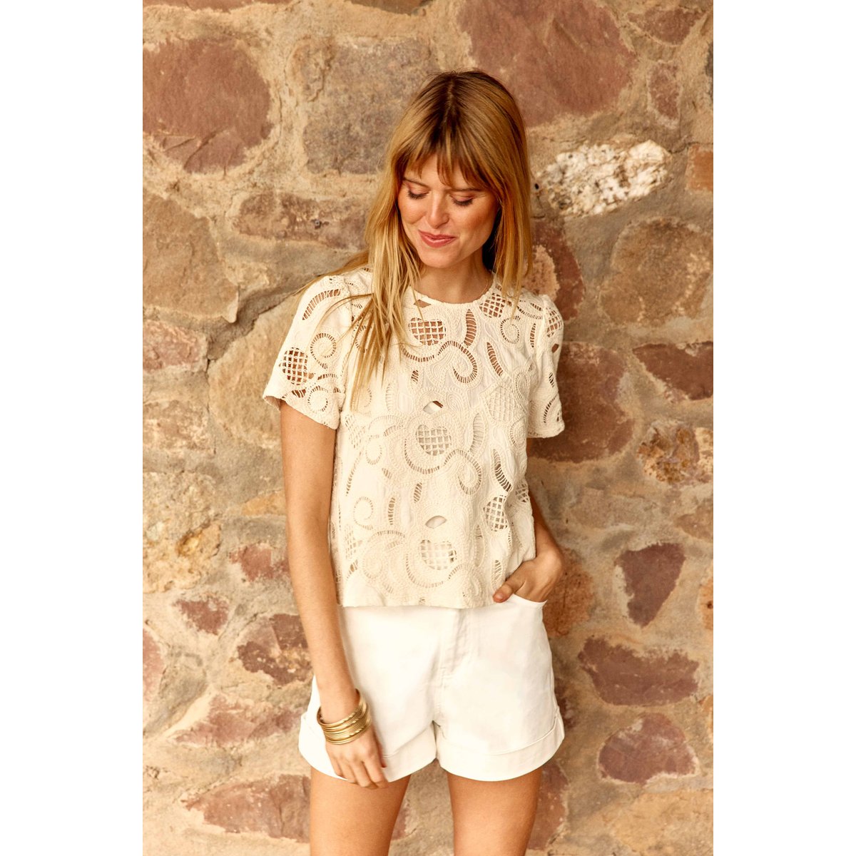 Top manches courtes col rond imprimé broderie TIVA 11-ecru, LA PETITE ETOILE
