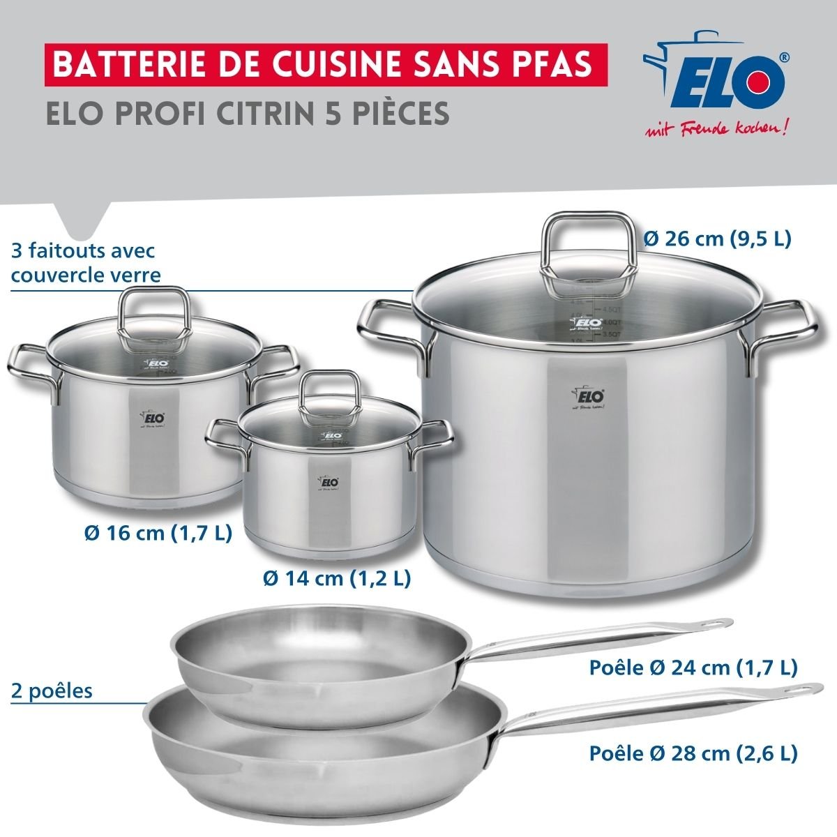 Batterie 2 poêles 24/28cm + 3 faitouts 14/16/26cm PROFI CITRIN gris, ELO
