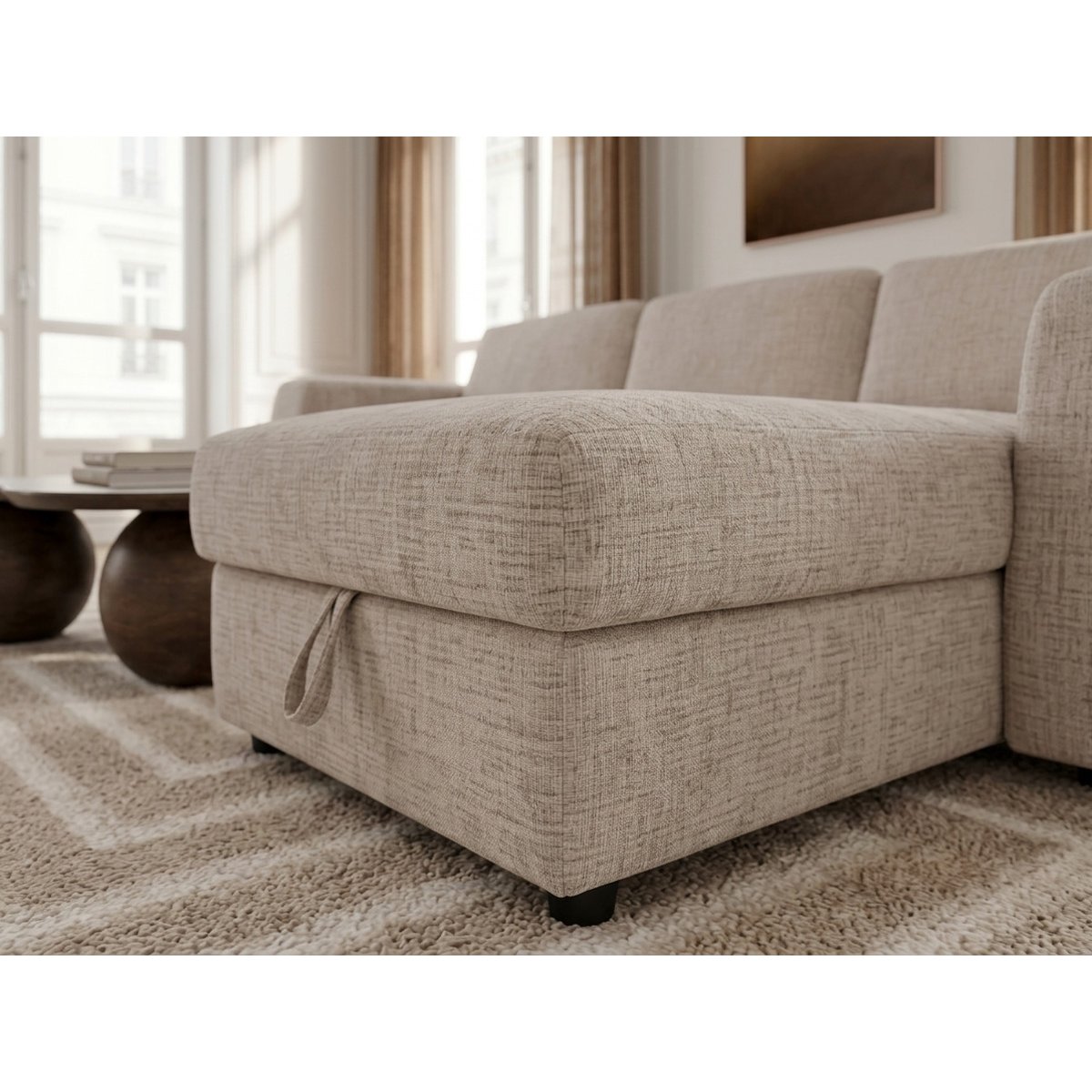 Canapé d'angle convertible 4 places en tissu texturé couchage 140x190 cm, HUGO beige, BOBOCHIC