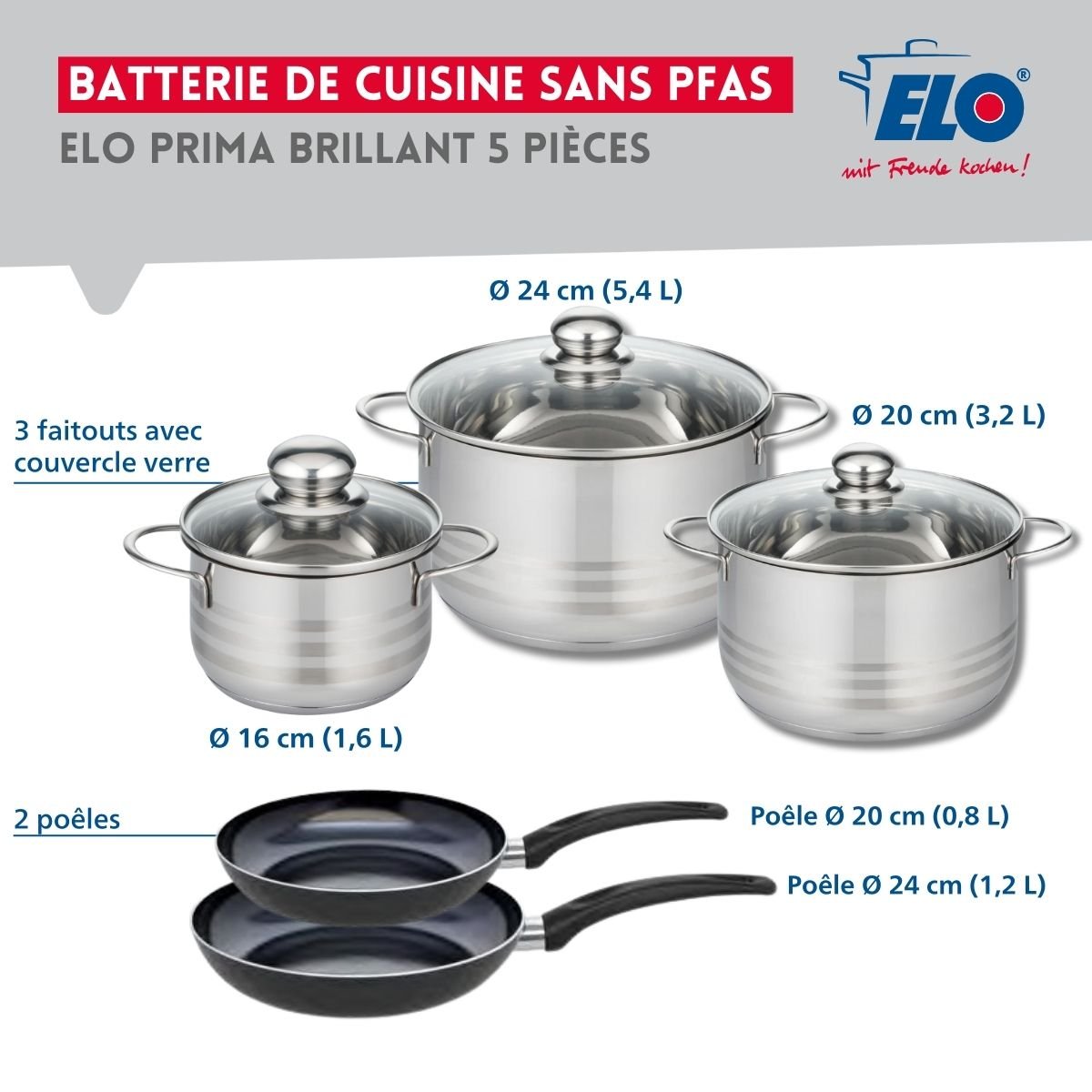 Batterie 2 poêles 20/24cm + 3 faitouts 16/20/24cm PRIMA BRILLANT noir, ELO