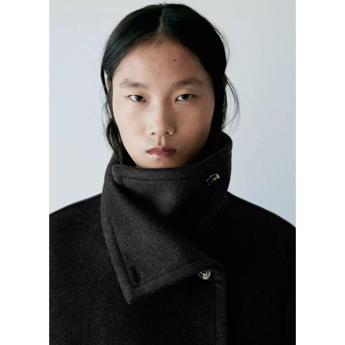 Manteau en mélange de laine à col cheminée gris chiné foncé, MANGO