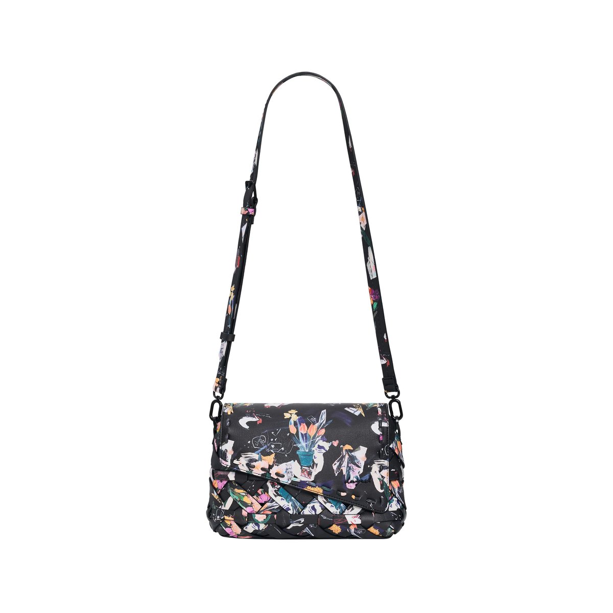 Petit sac tressé à fleurs noir, DESIGUAL