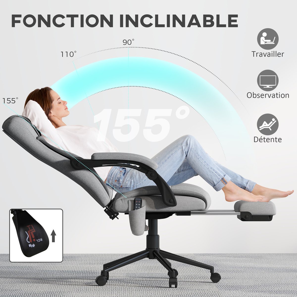 Fauteuil de bureau avec fonction massage gris, HOMCOM
