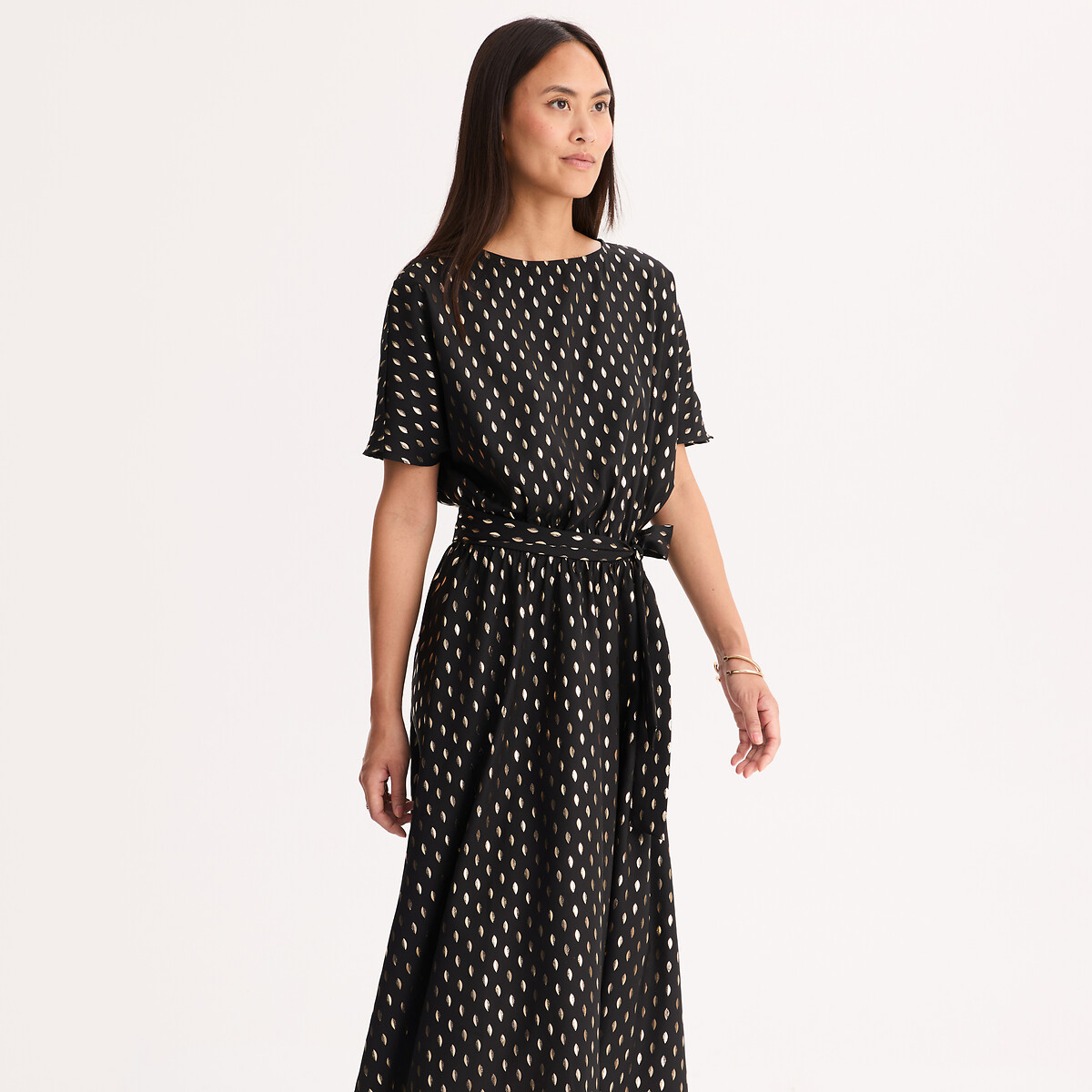 Abito fluido a pois, lunghezza midi, maniche corte nero/color oro, ANNE WEYBURN