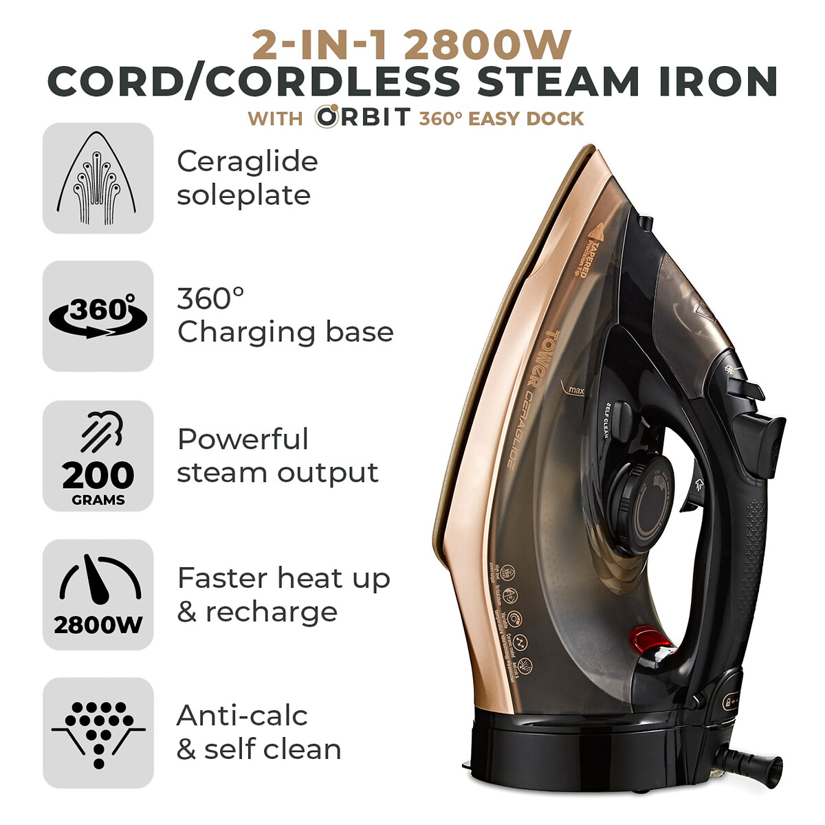 CeraGlide 360 Cord/Cordless Steam Iron with Rapid Heat-Up and Recharge - T22022 black/gold, TOWER