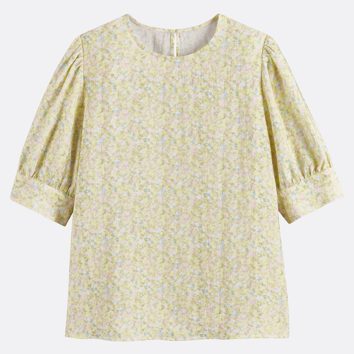 Floral Crew Neck Blouse with 3/4 Length Sleeves yellow floral print, LA REDOUTE COLLECTIONS