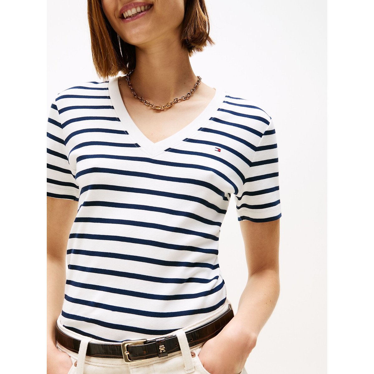 V-Neck T-Shirt with Short Sleeves ecru/navy striped, TOMMY HILFIGER