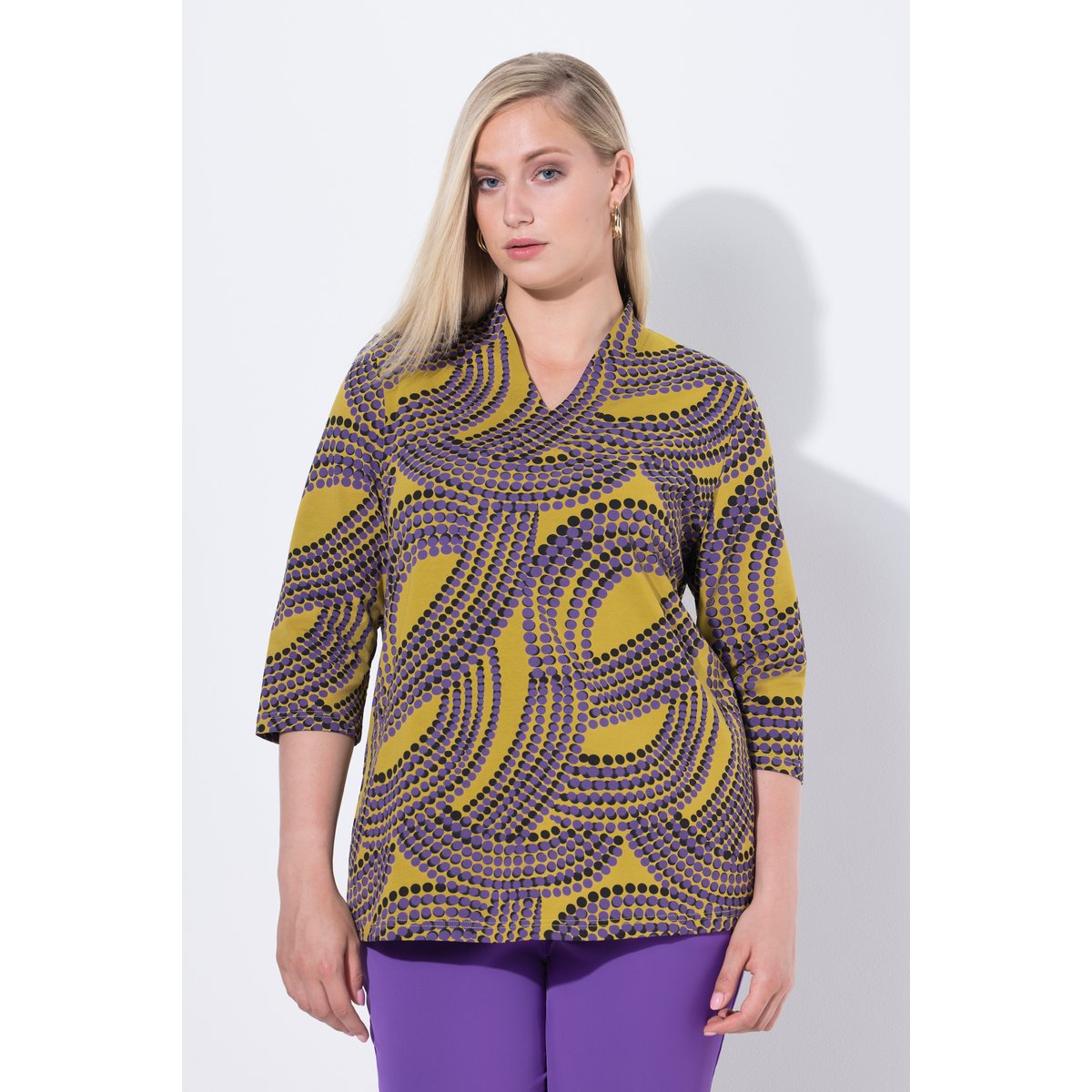 T-shirt à col jabot jaune vert clair, ULLA POPKEN