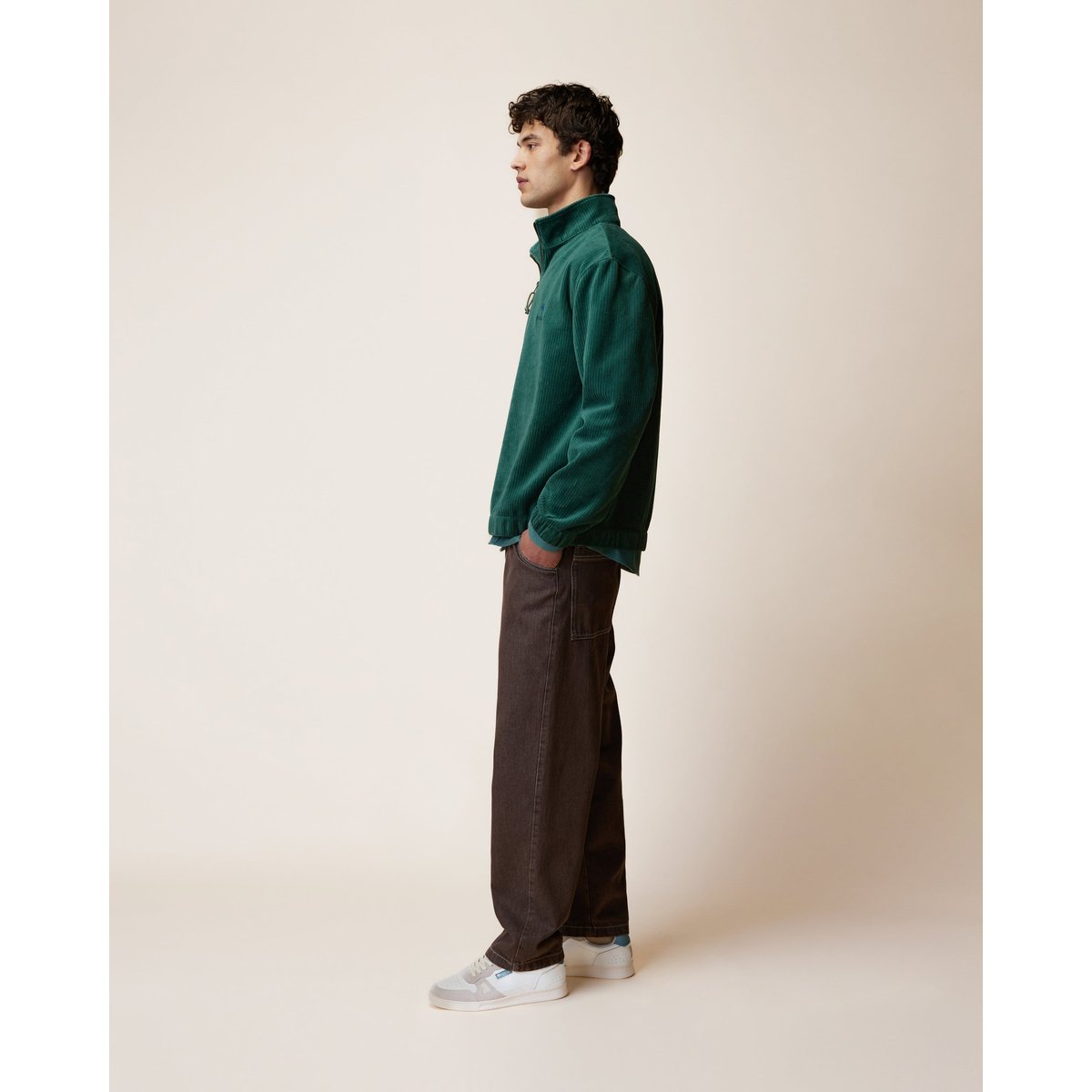 Sweat en maille aspect velours côtelé vert grisé, FAGUO