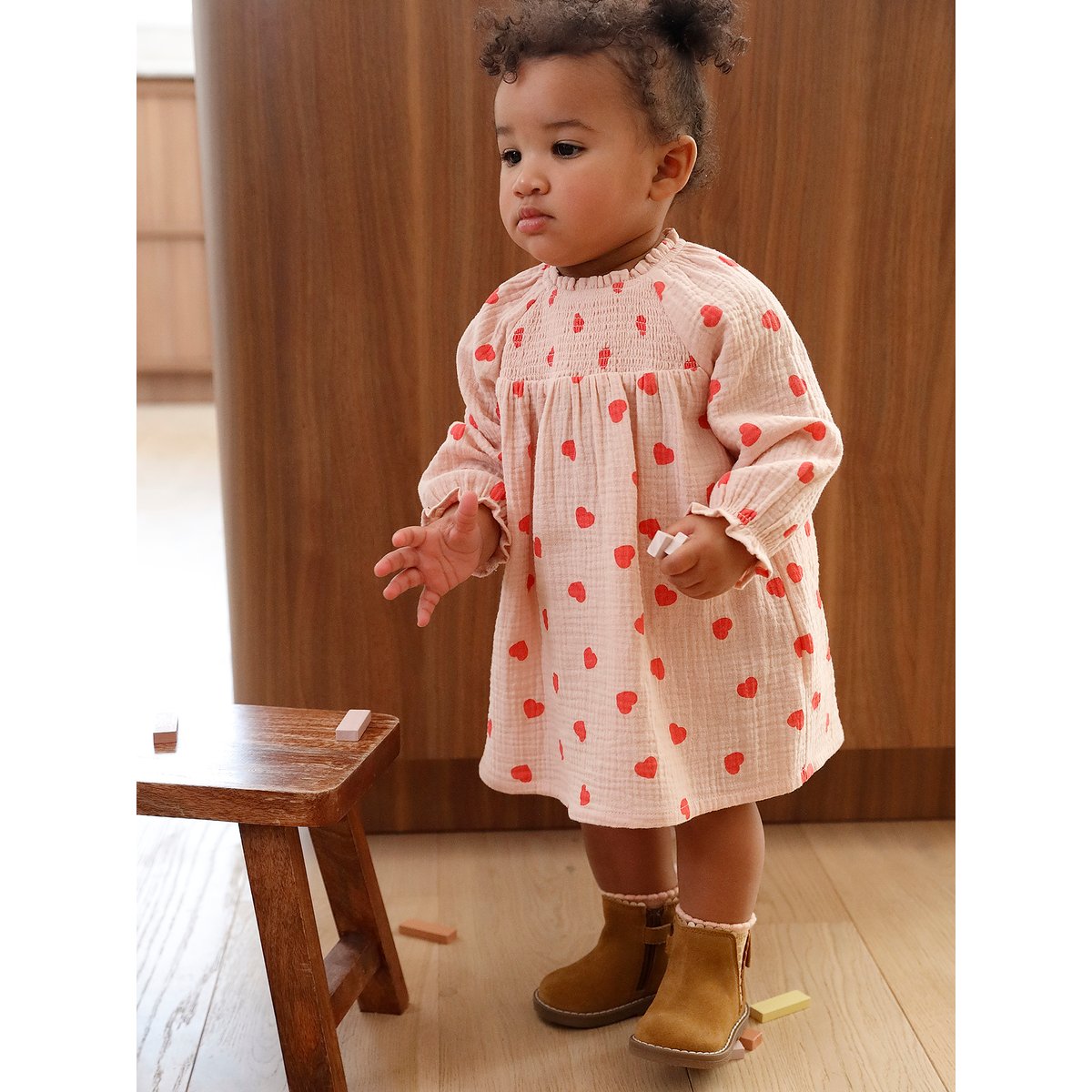 Robe bébé imprimée de petits coeurs rose poudré, VERTBAUDET