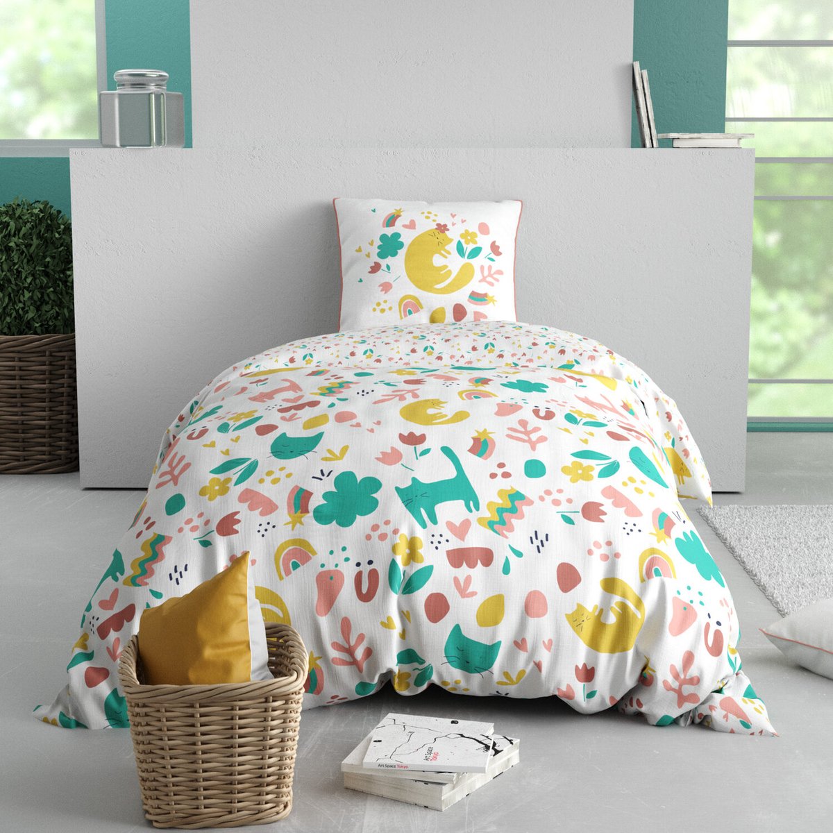 Parure housse de couette coton imprimée, Minou rose, C DESIGN HOME TEXTILE