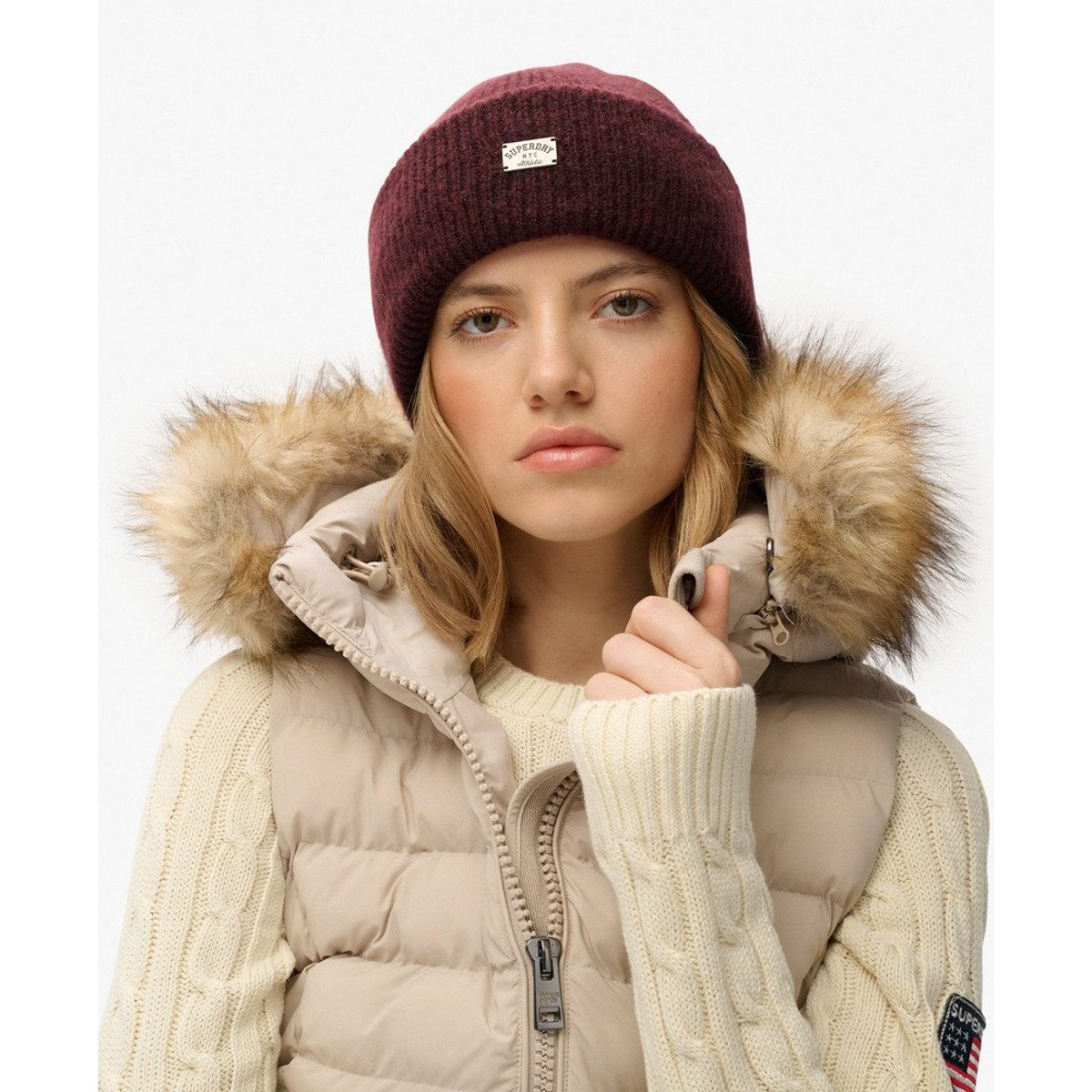 Bonnet en maille côtelée rouge porto, SUPERDRY