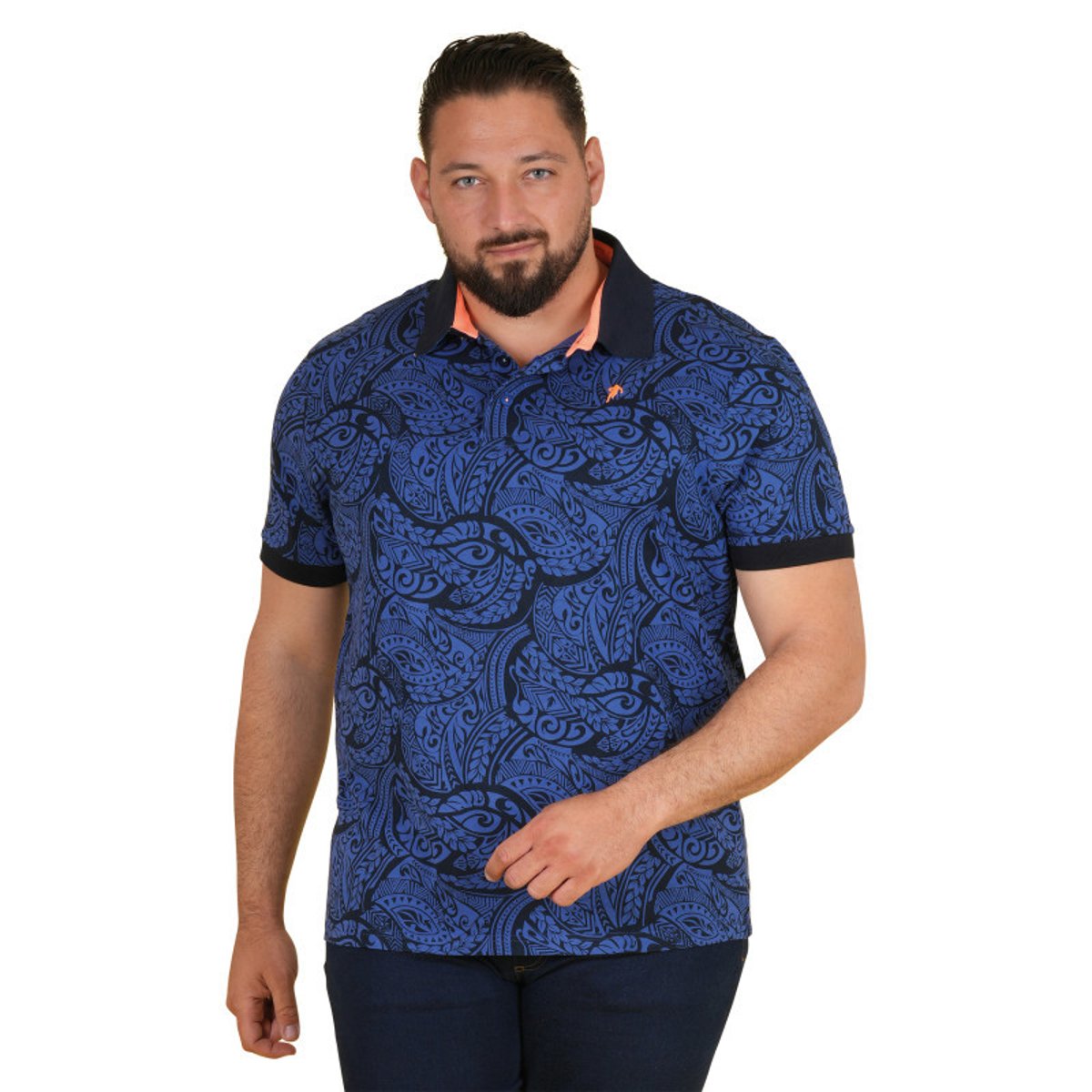Polo en coton biologique bleu imprimé pourvu d'un col boutonné bleu, RUCKFIELD