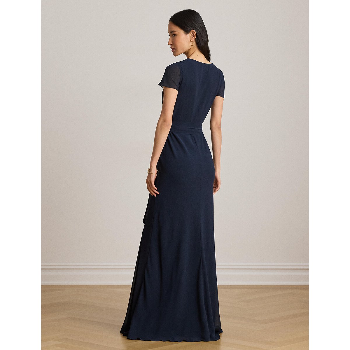 Robe longue à col V croisé et manches courtes marine, LAUREN RALPH LAUREN